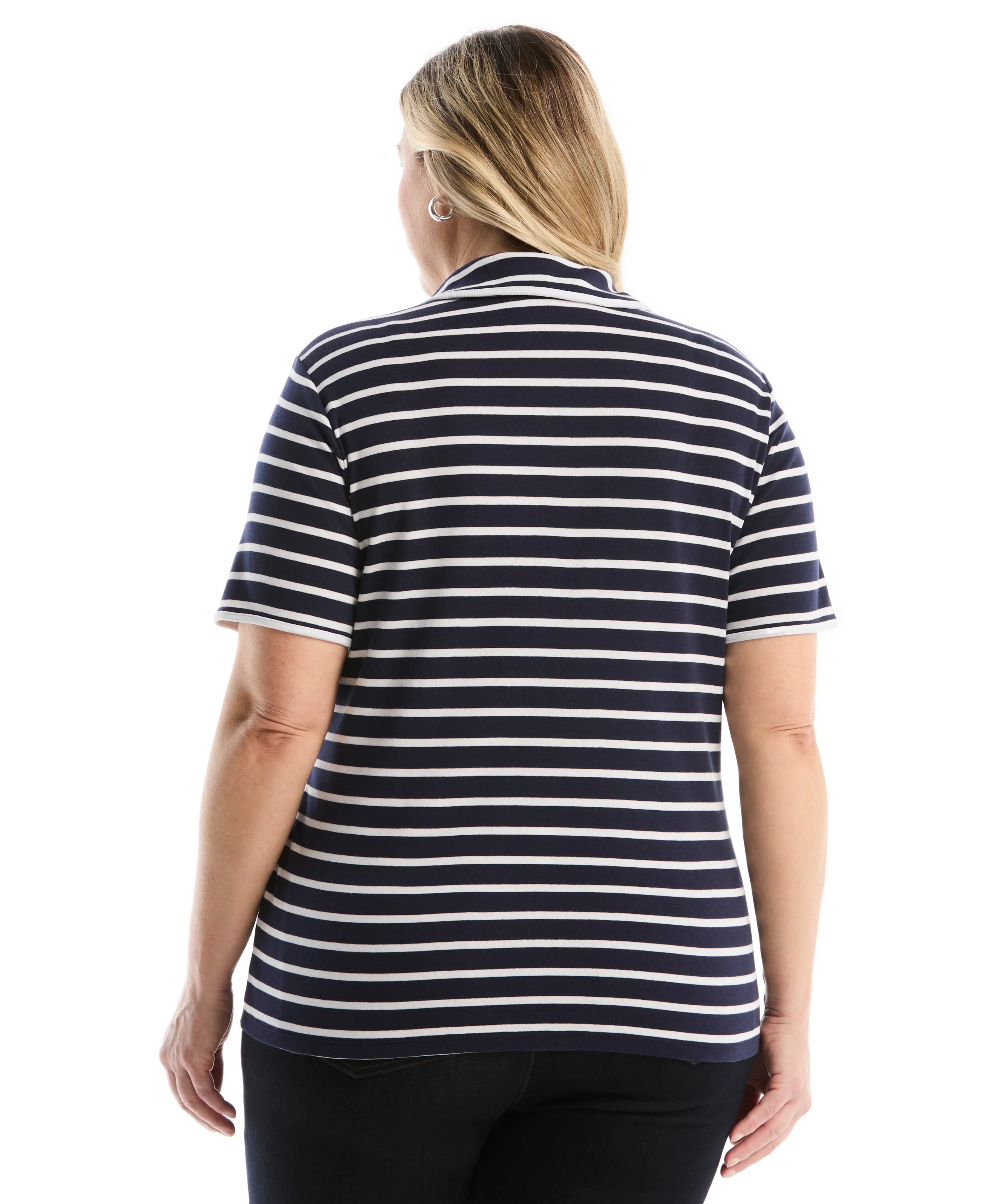 Plus Size Striped Contrast Trim Johnny Collar Polo