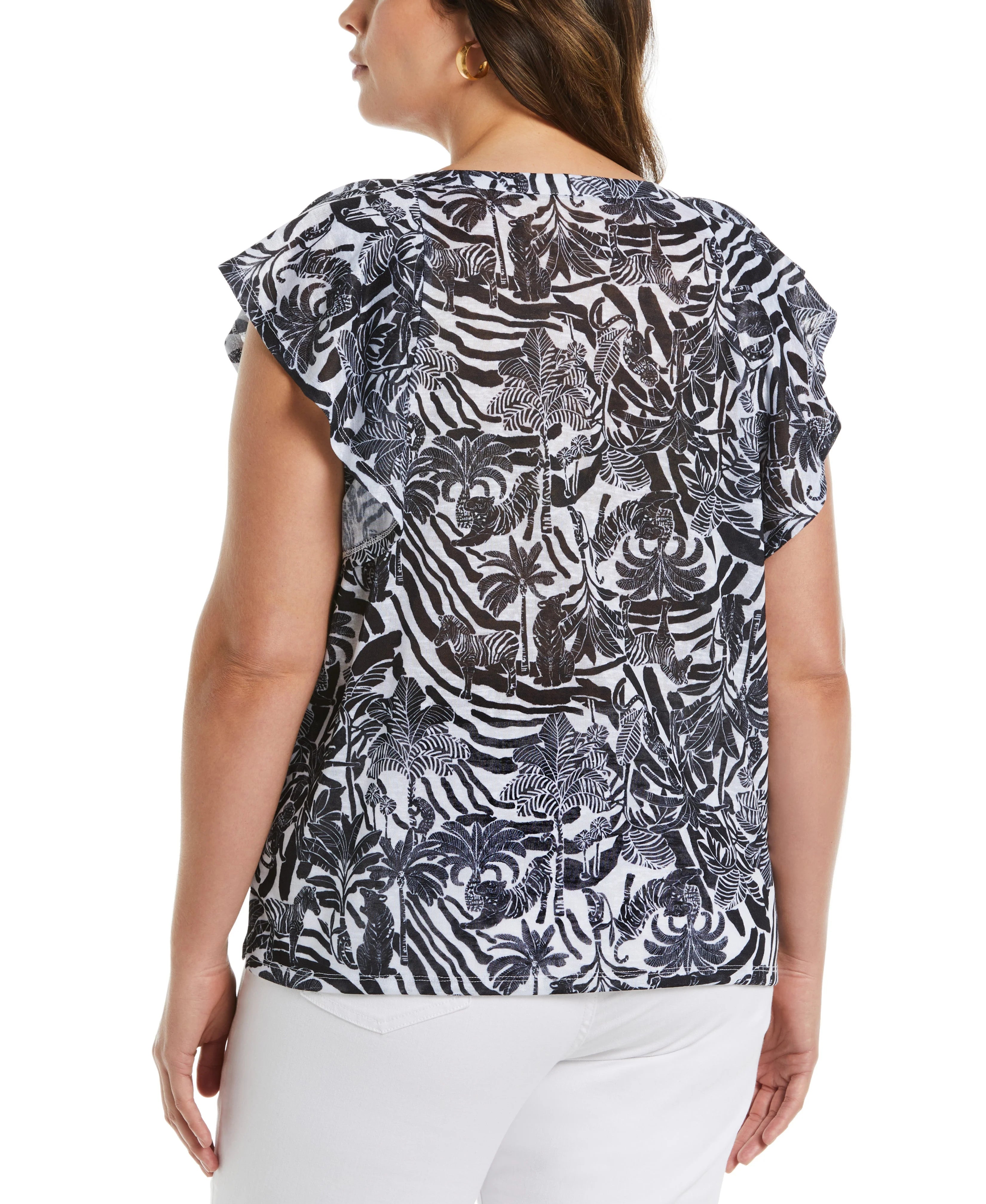 Jungle Print Lace Up Flutter Sleeve Top