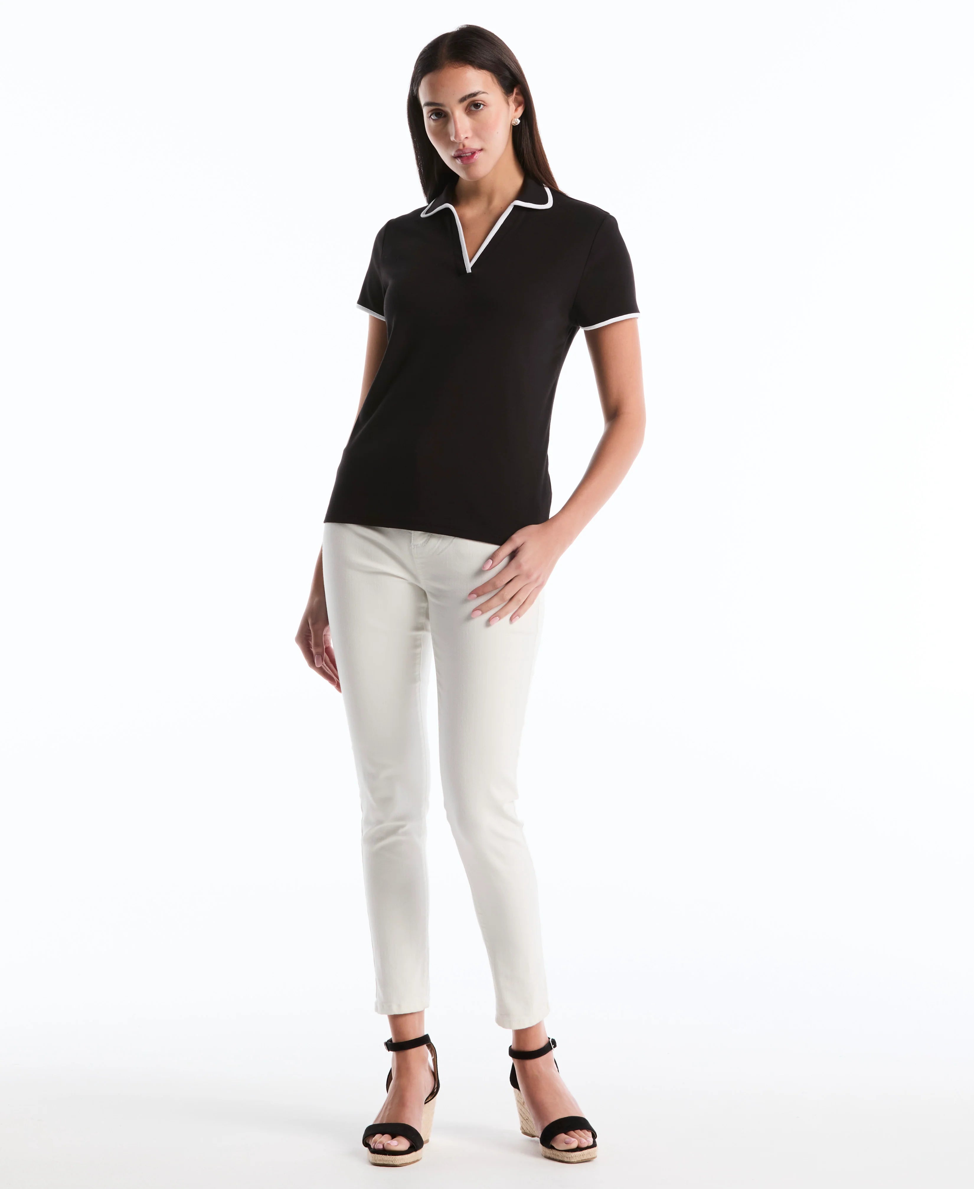Petite Contrast Trim Johnny Collar Polo