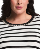 Plus Size Striped Print Embellished Neck Top
