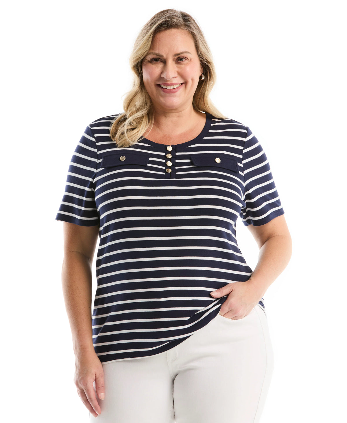 Plus Size Striped Welt Pocket Button Detail Top