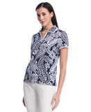 Petite Paisley Print Contrast Trim Johnny Collar Polo
