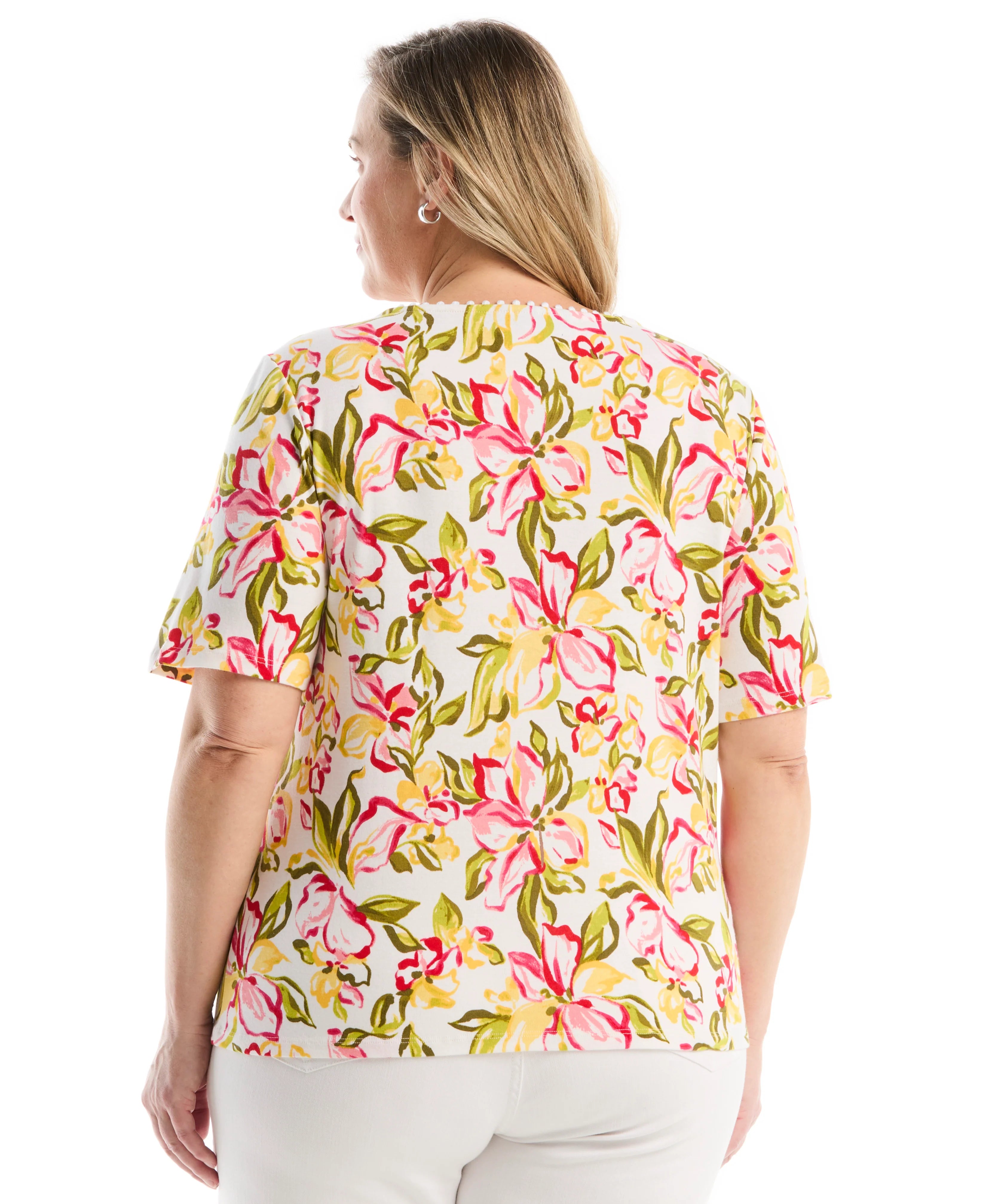 Plus Size Petal Print Pom Trim Detail Top