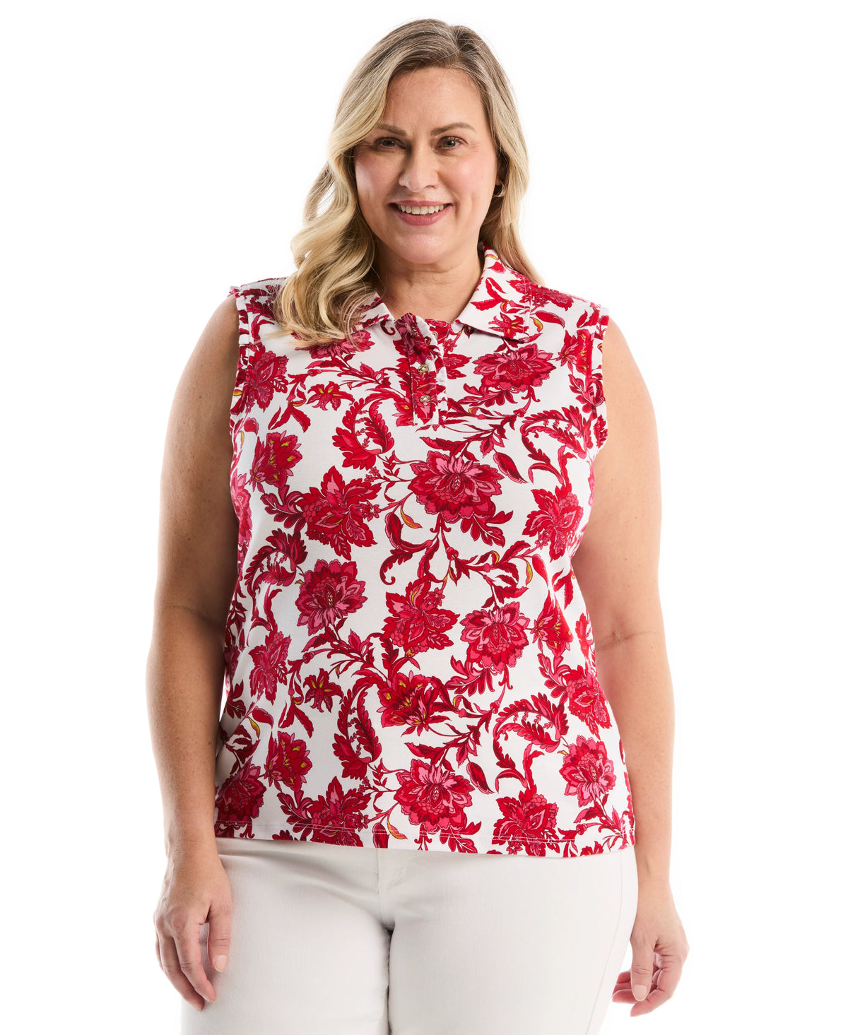Plus Size Botanical Print Ruffle Trim Polo