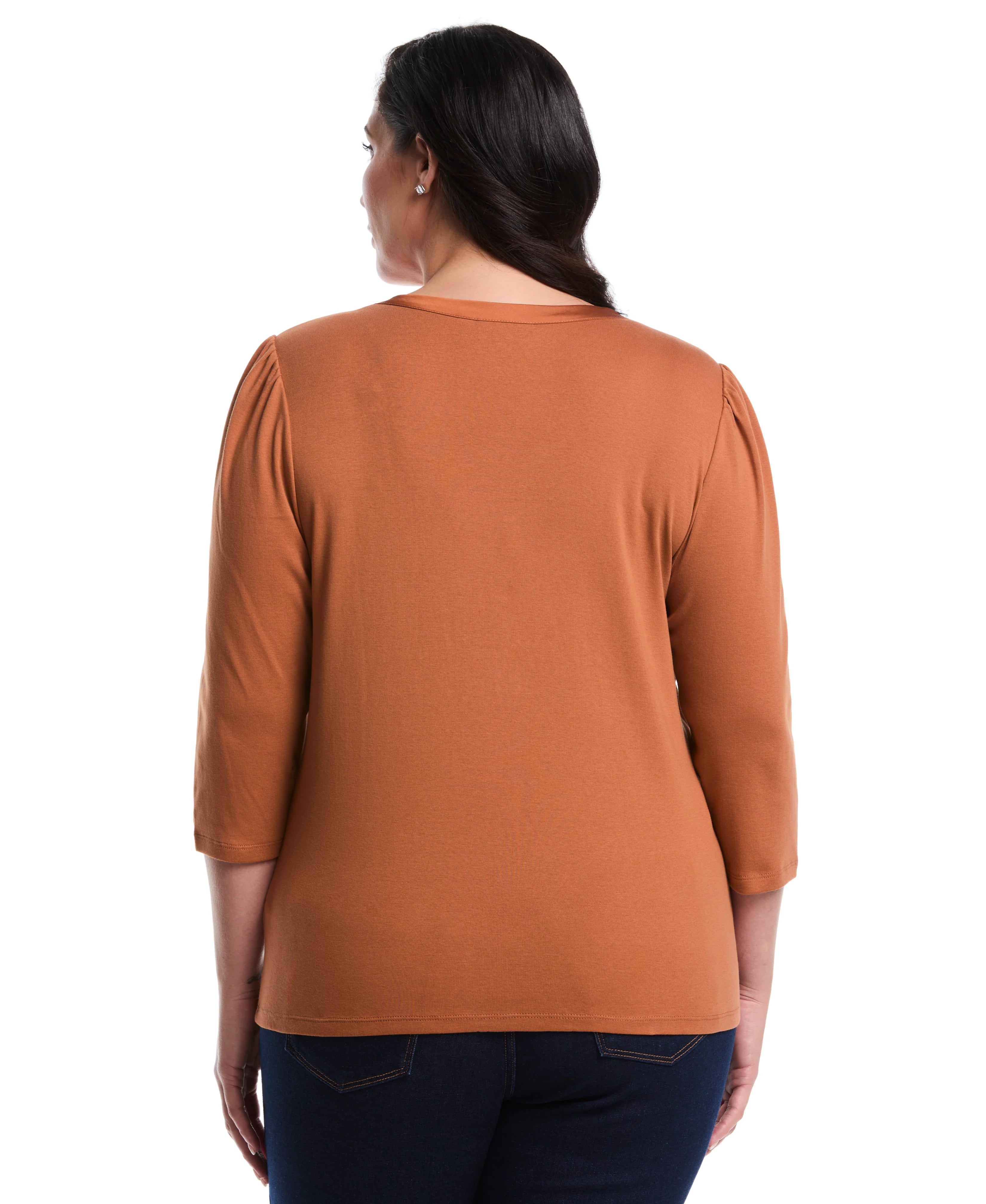 Plus Size 3 4 Puff Sleeve V Neck Top