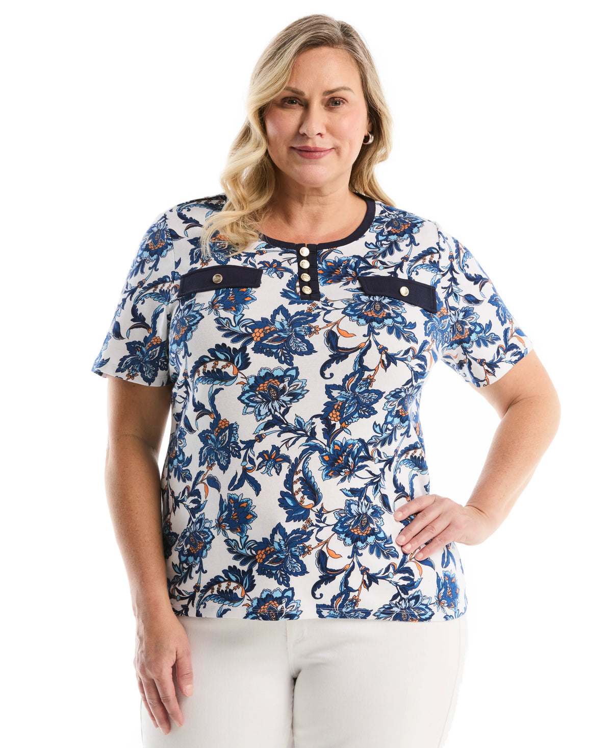 Plus Size Botanical Welt Pocket Button Detail Top