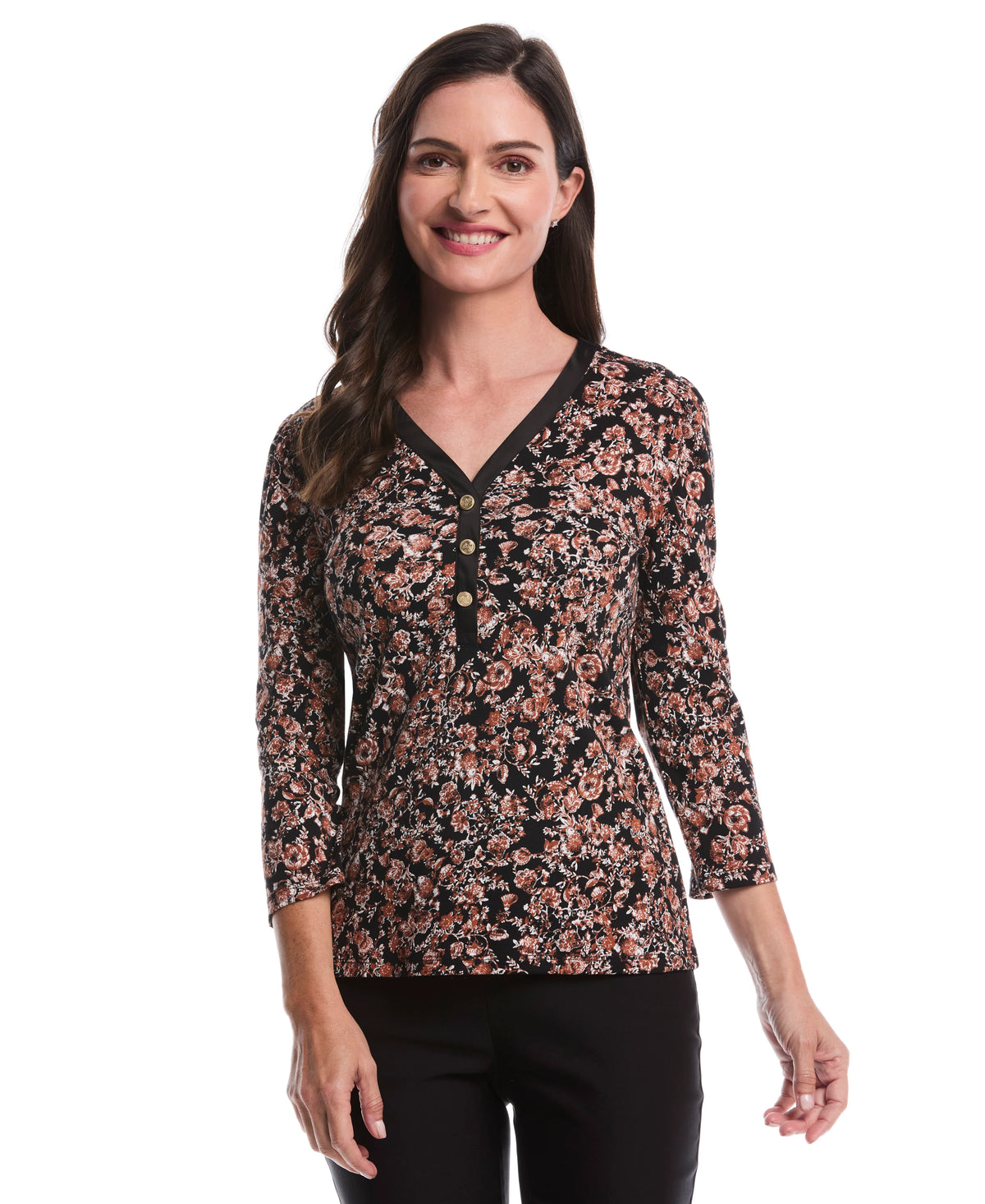 Floral Print 3 4 Puff Sleeve V Neck Top
