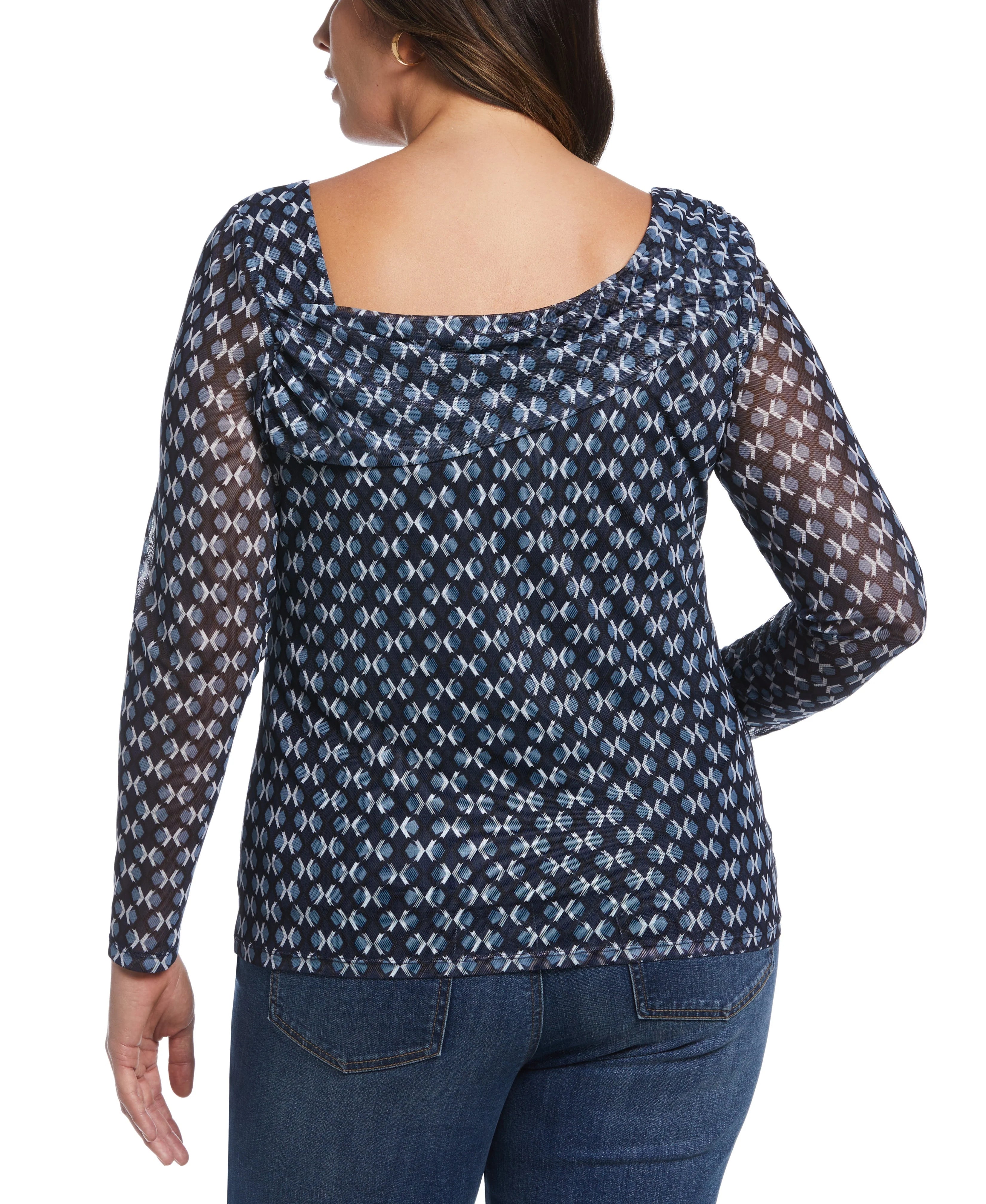 Printed Mesh Drape Neck Top