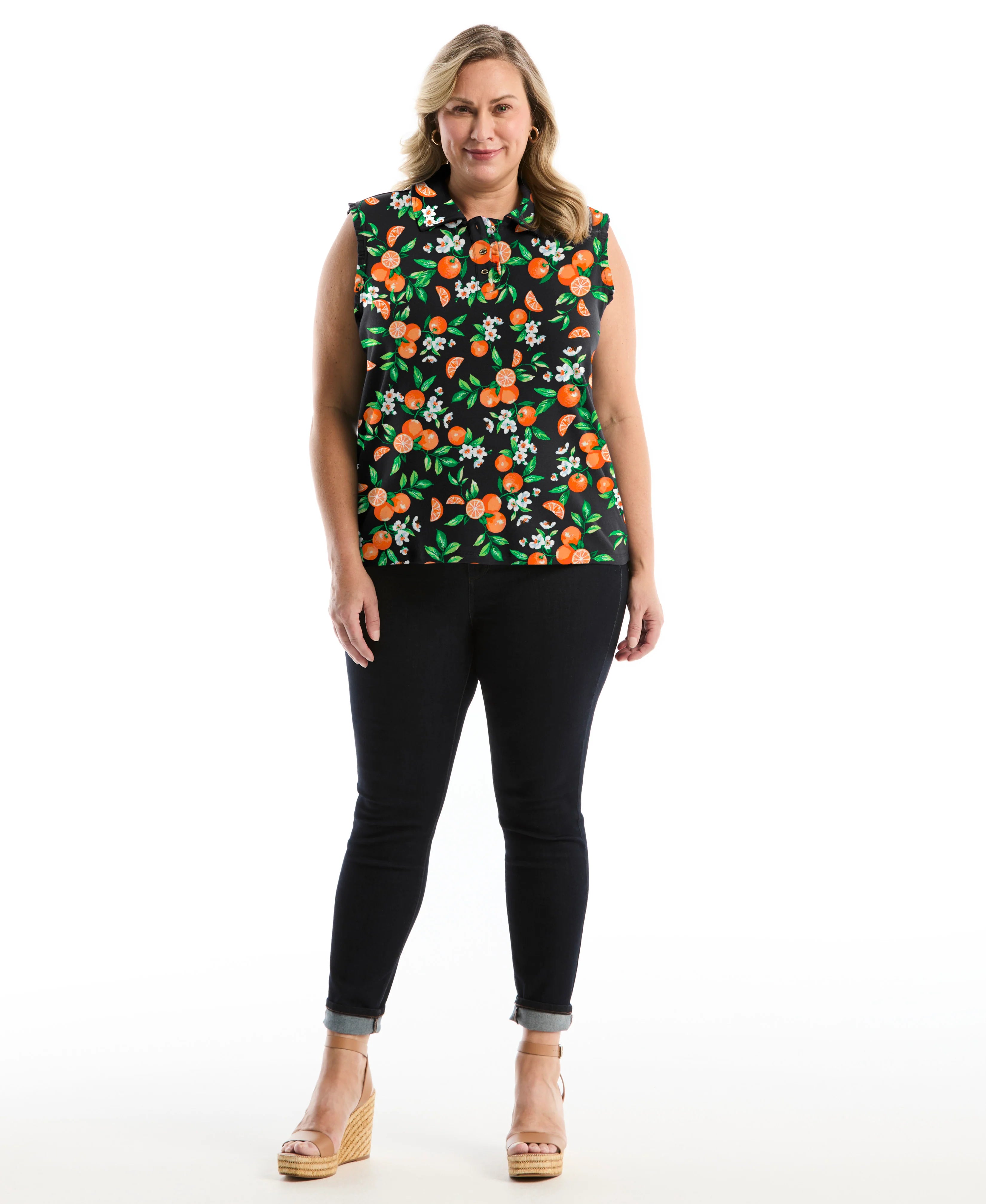 Plus Size Orange Print Ruffle Trim Polo