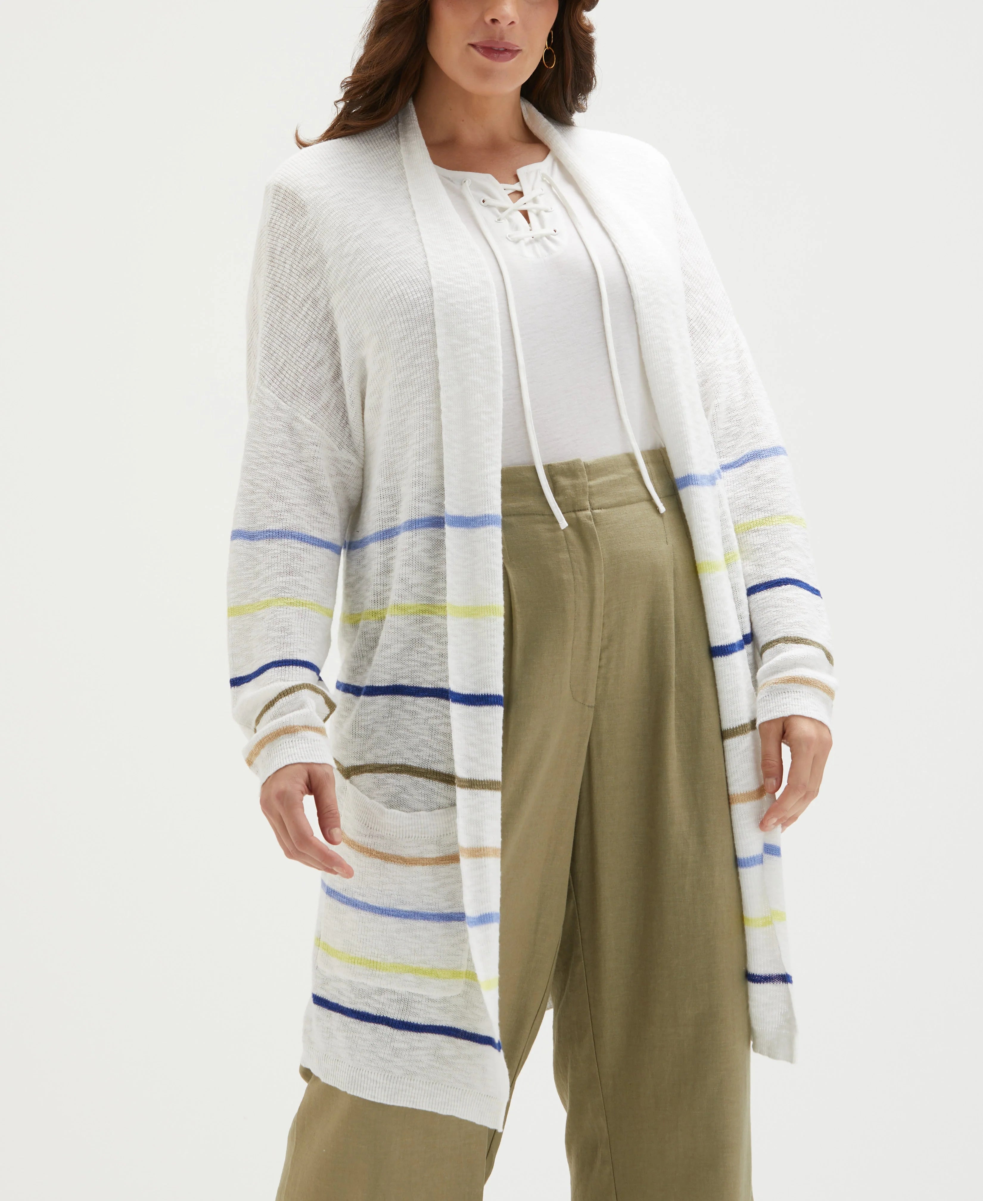 Plus Size Organic Cotton Linen Blend Striped Duster Cardigan Sweater