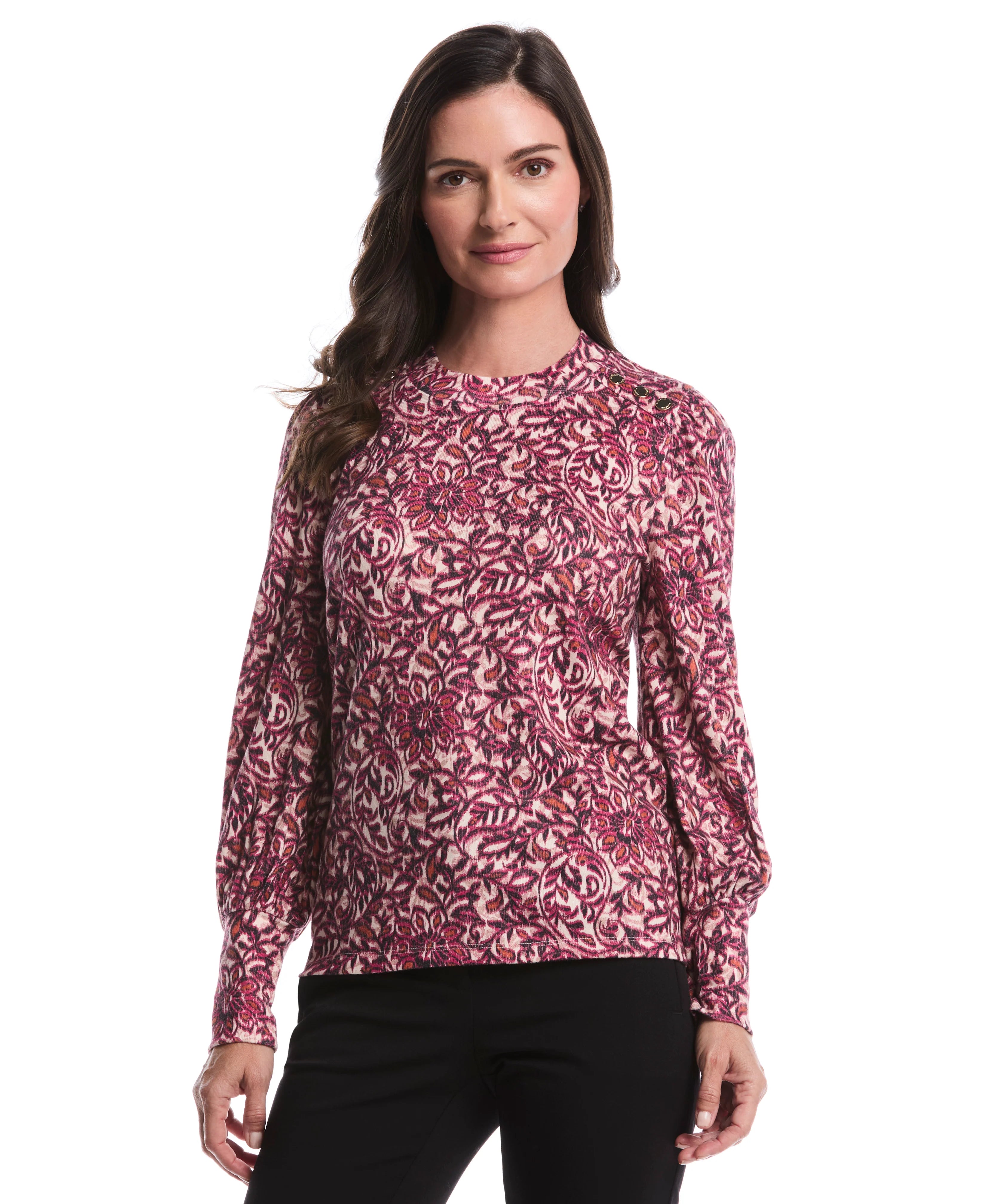 Paisley Print Puff Sleeve Crew Neck Top