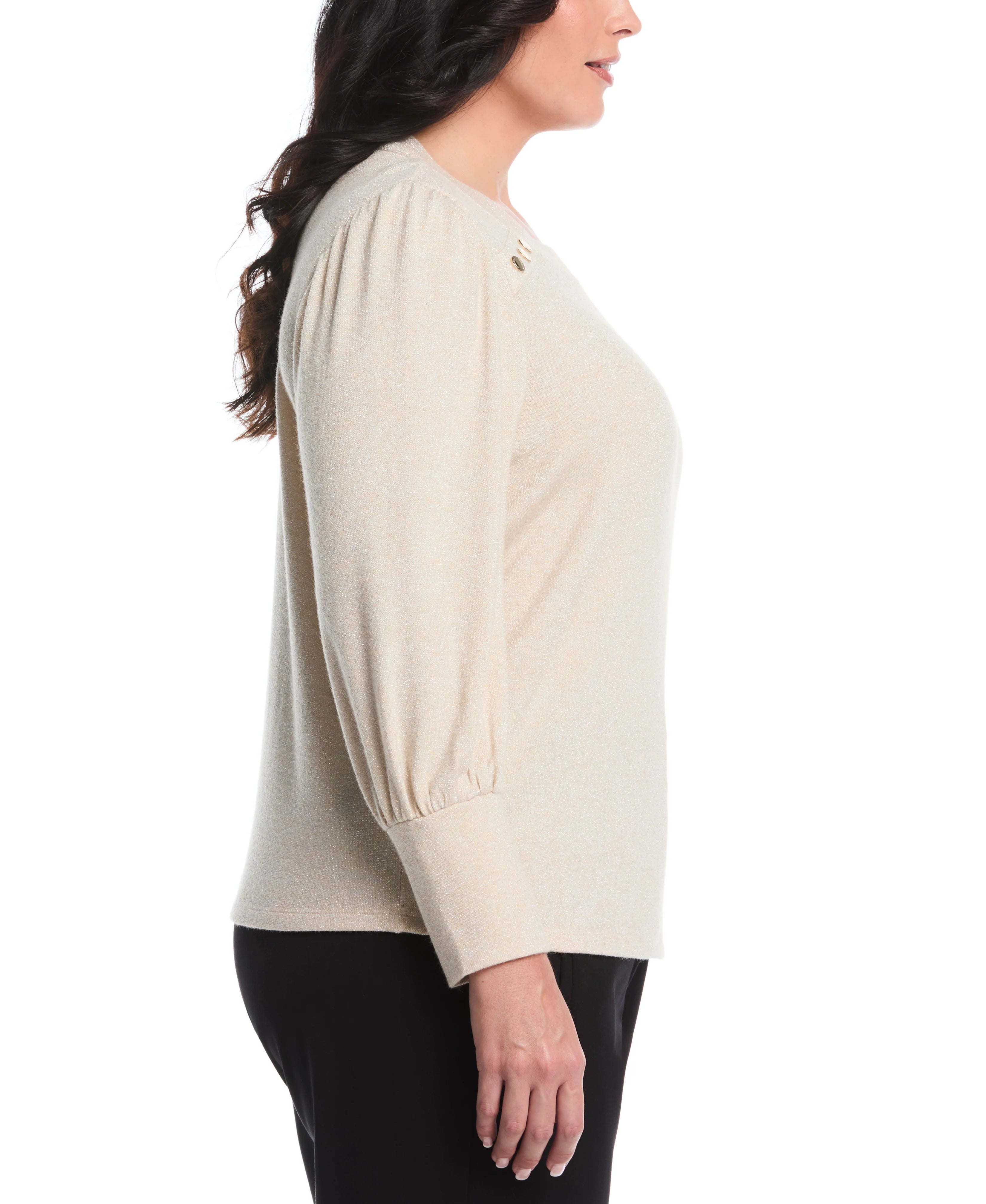 Plus Size Metallic Puff Sleeve Crew Neck Top