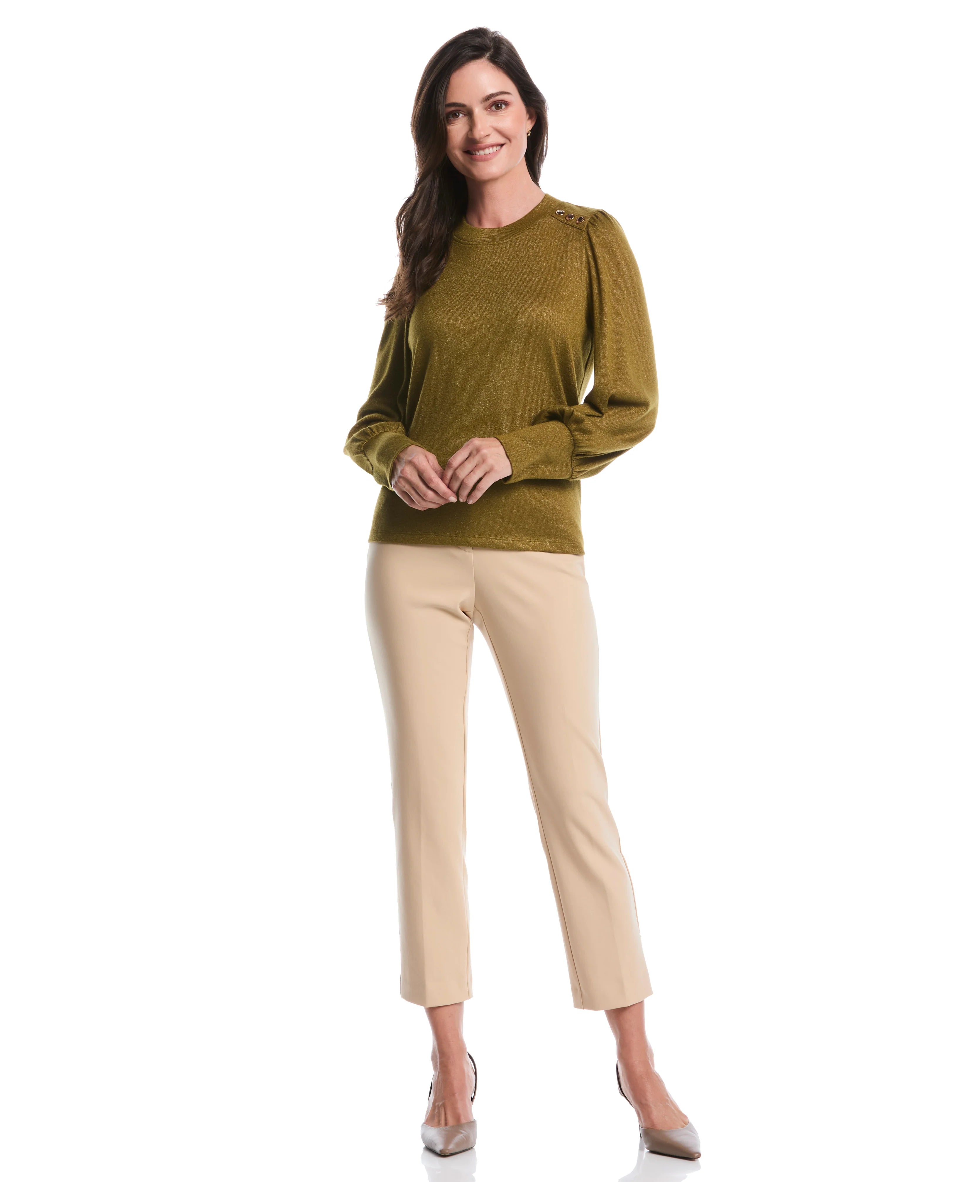 Metallic Puff Sleeve Crew Neck Top