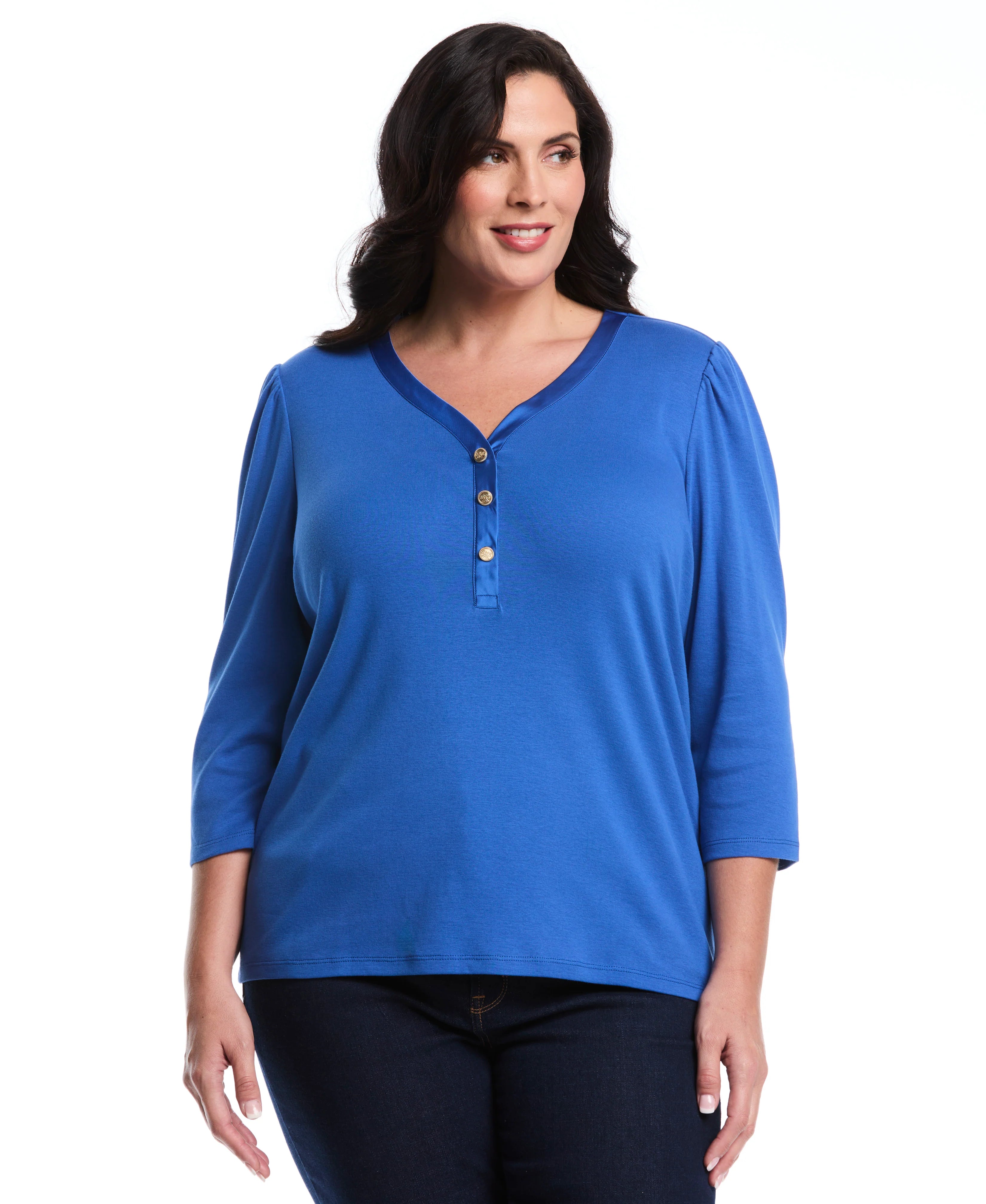 Plus Size 3 4 Puff Sleeve V Neck Top