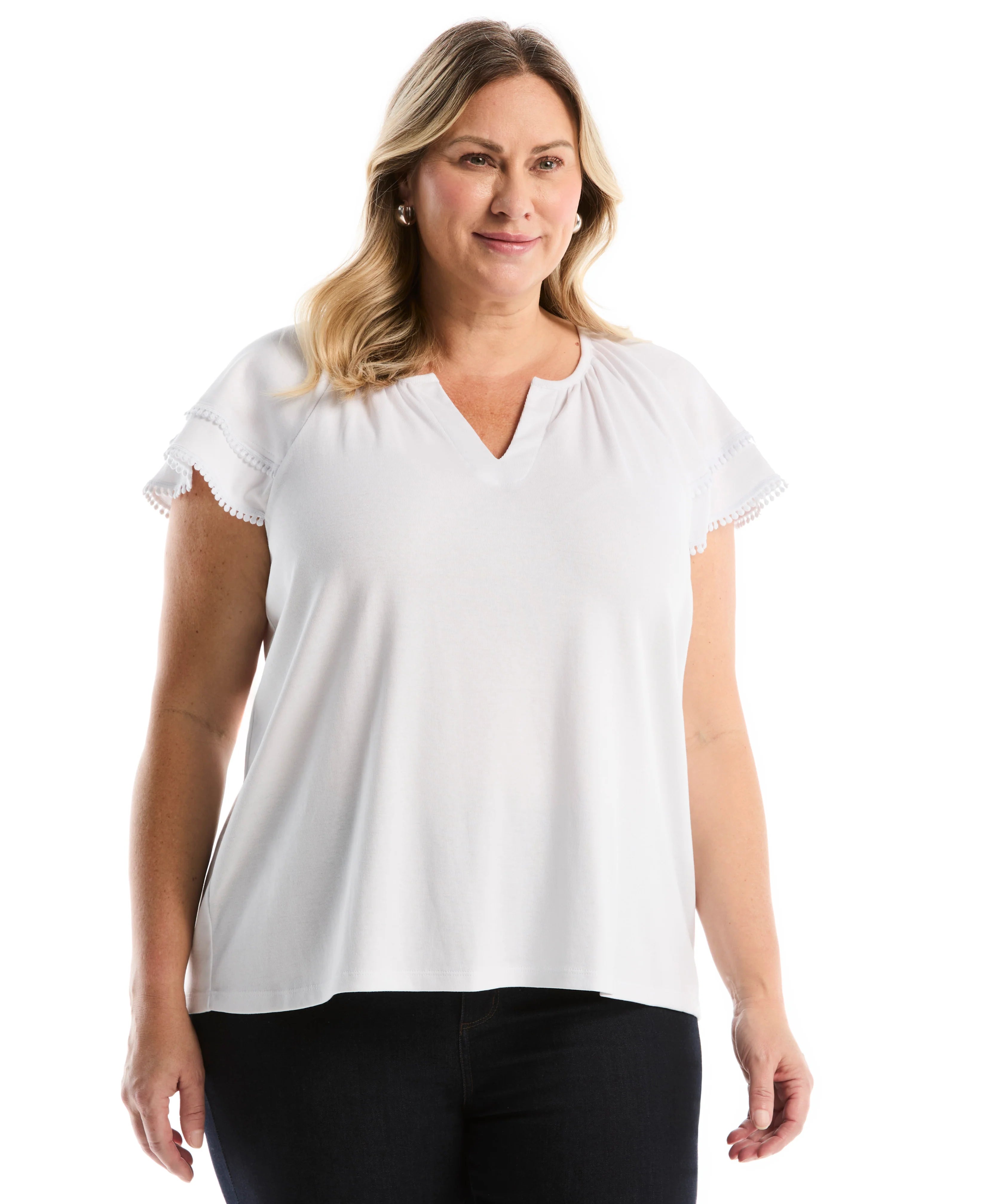Plus Size Eyelet Flutter Sleeve Split Neck Top