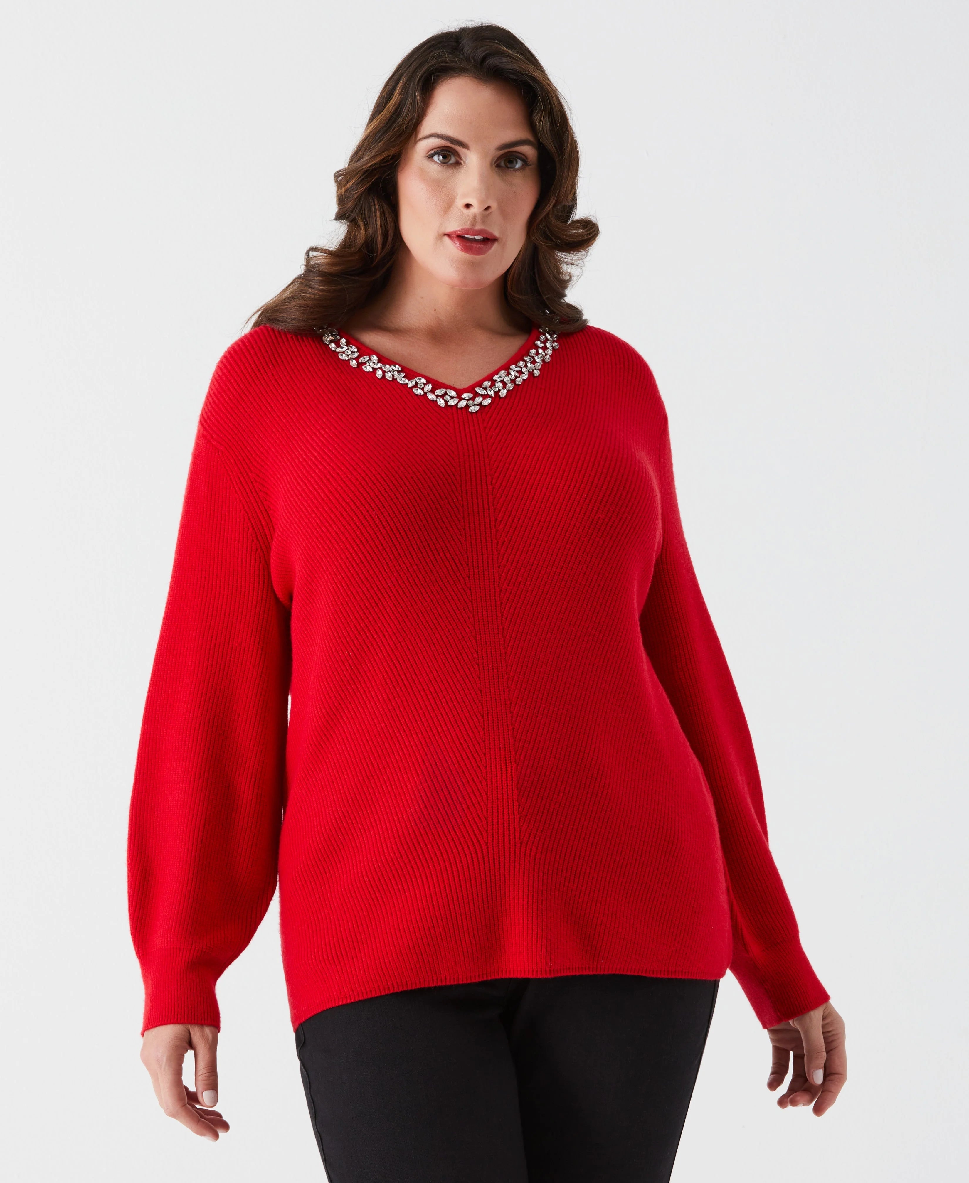 Plus Size Embellished V Neck Sweater