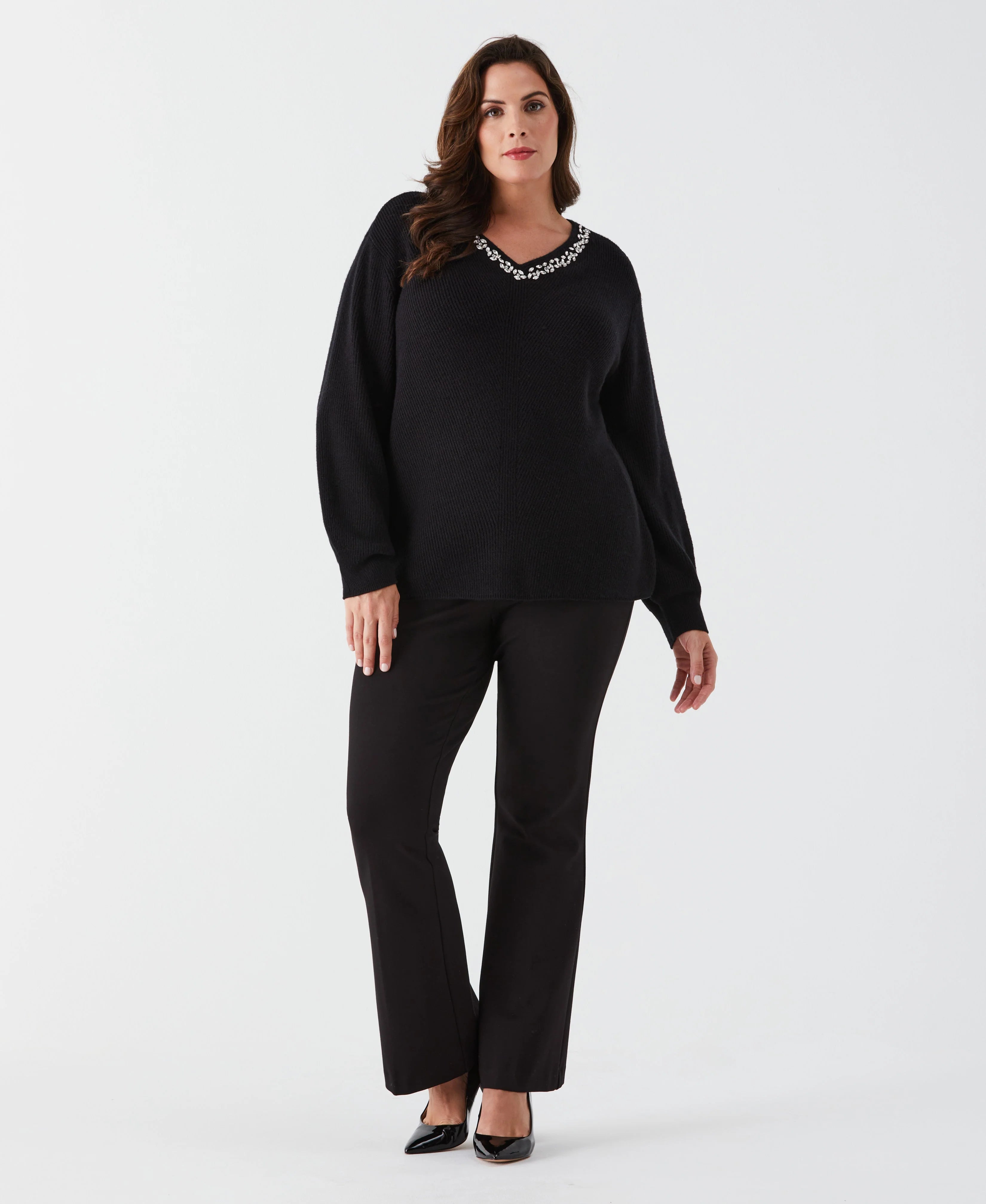 Plus Size Embellished V Neck Sweater
