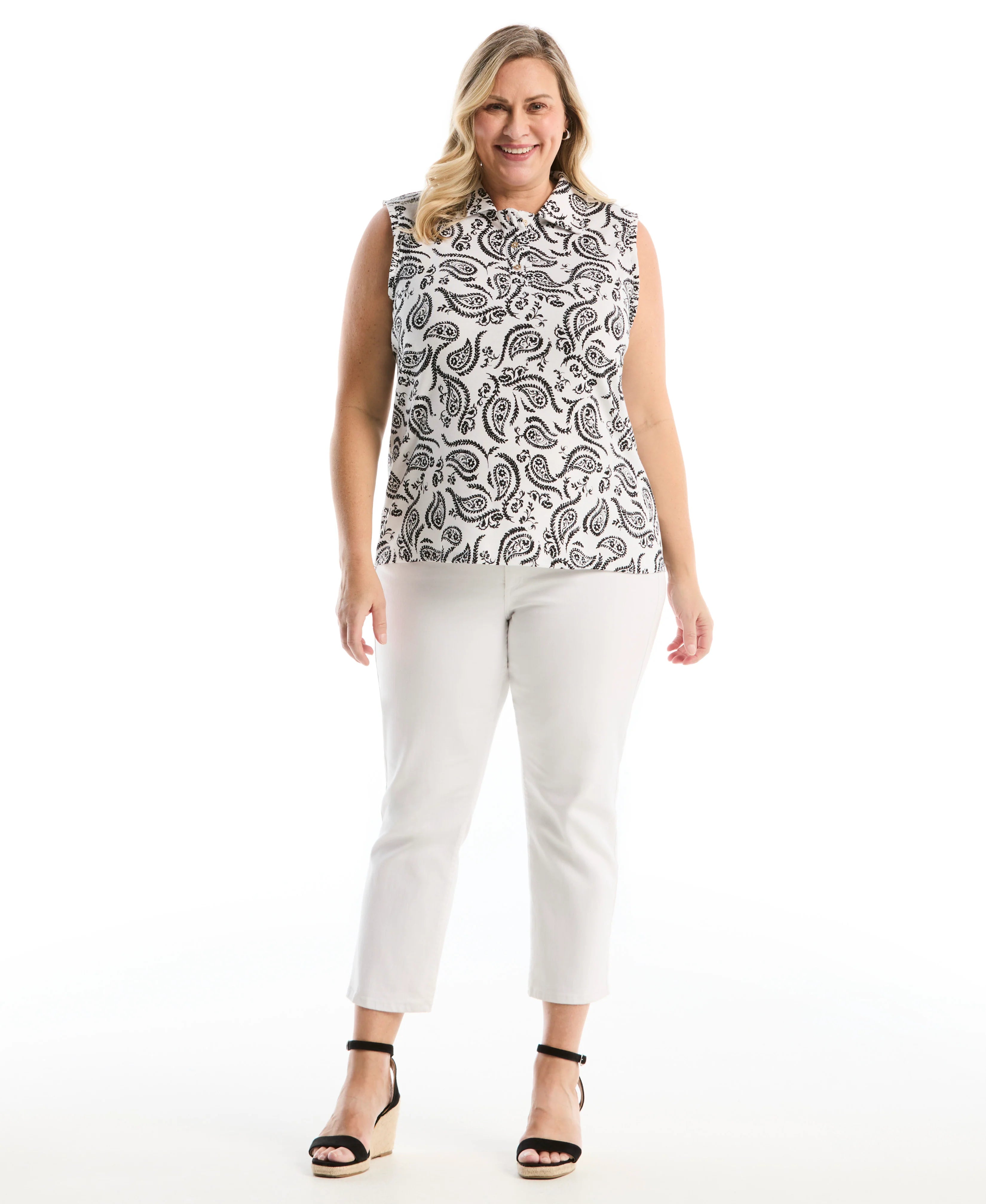 Plus Size Paisley Print Ruffle Trim Polo