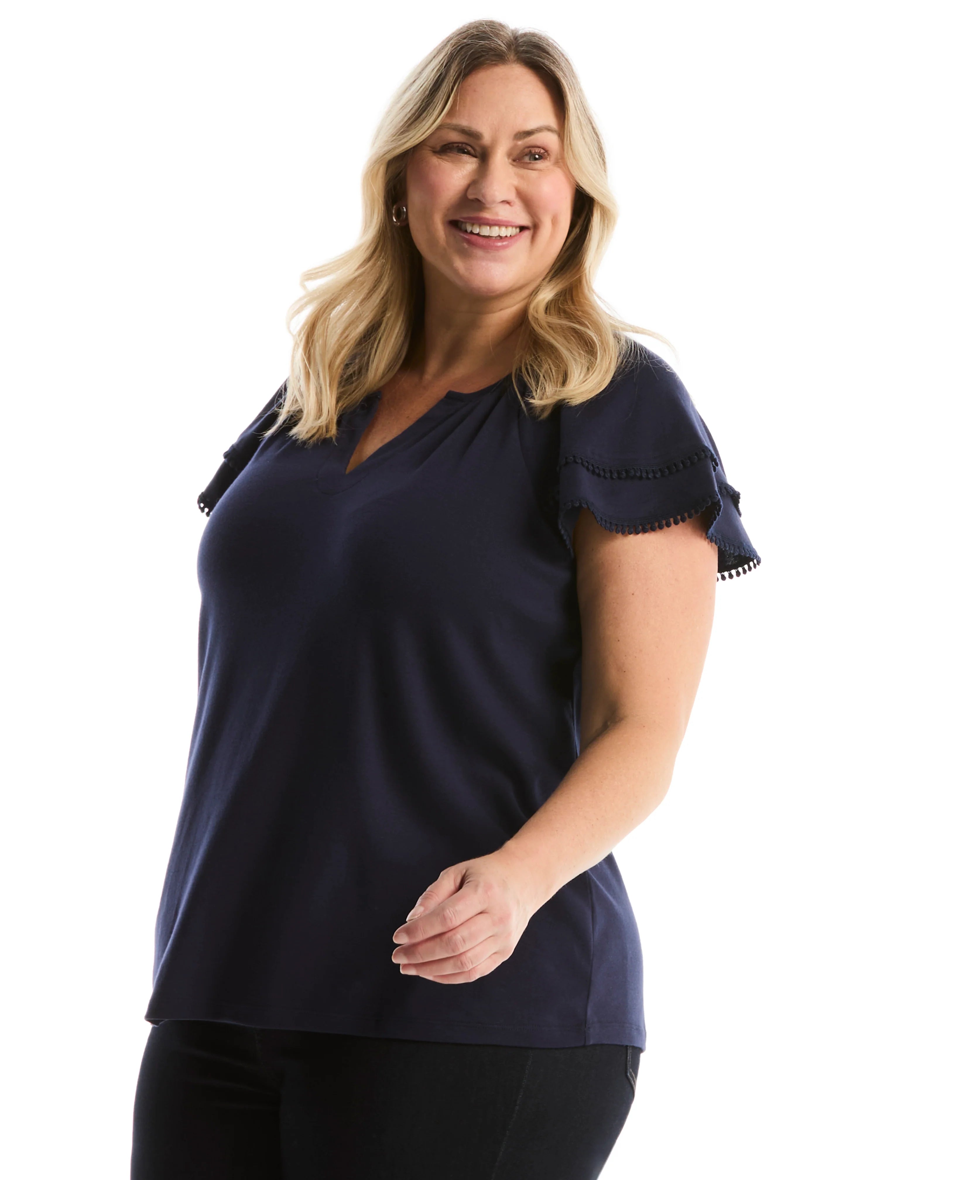 Plus Size Eyelet Flutter Sleeve Split Neck Top