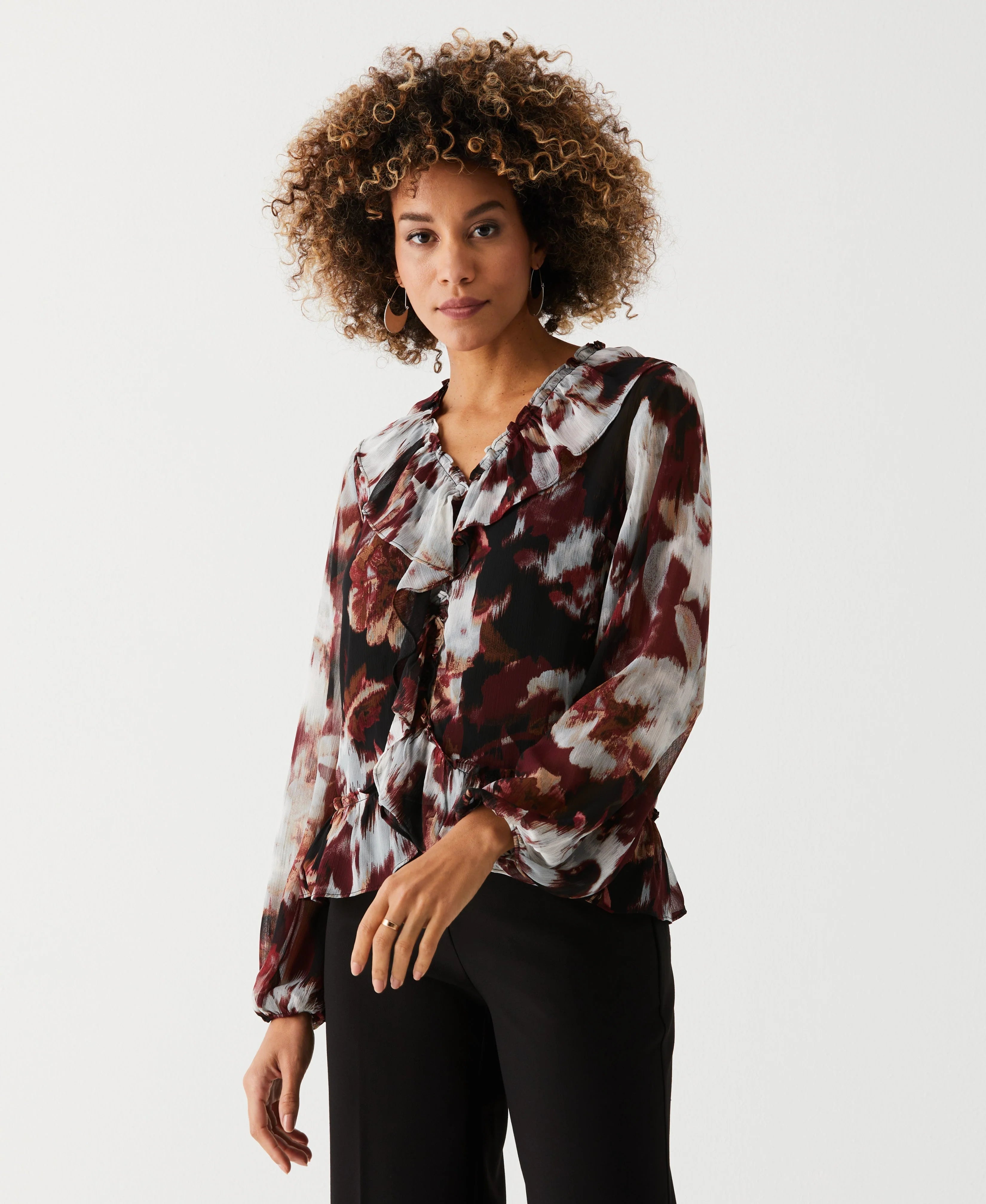 Petite Printed V Neck Ruffle Blouse