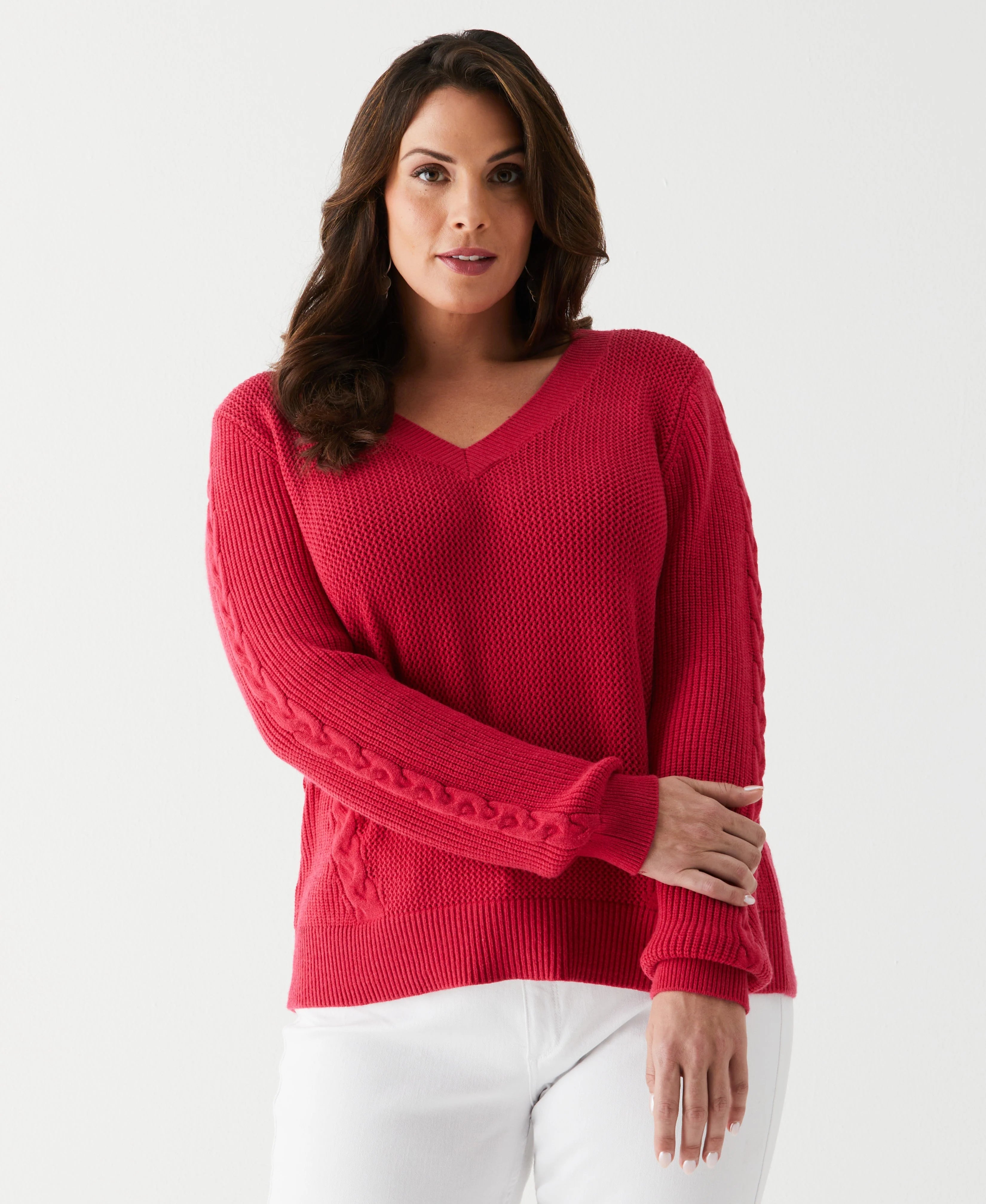 Plus Size Cable Knit V Neck Sweater