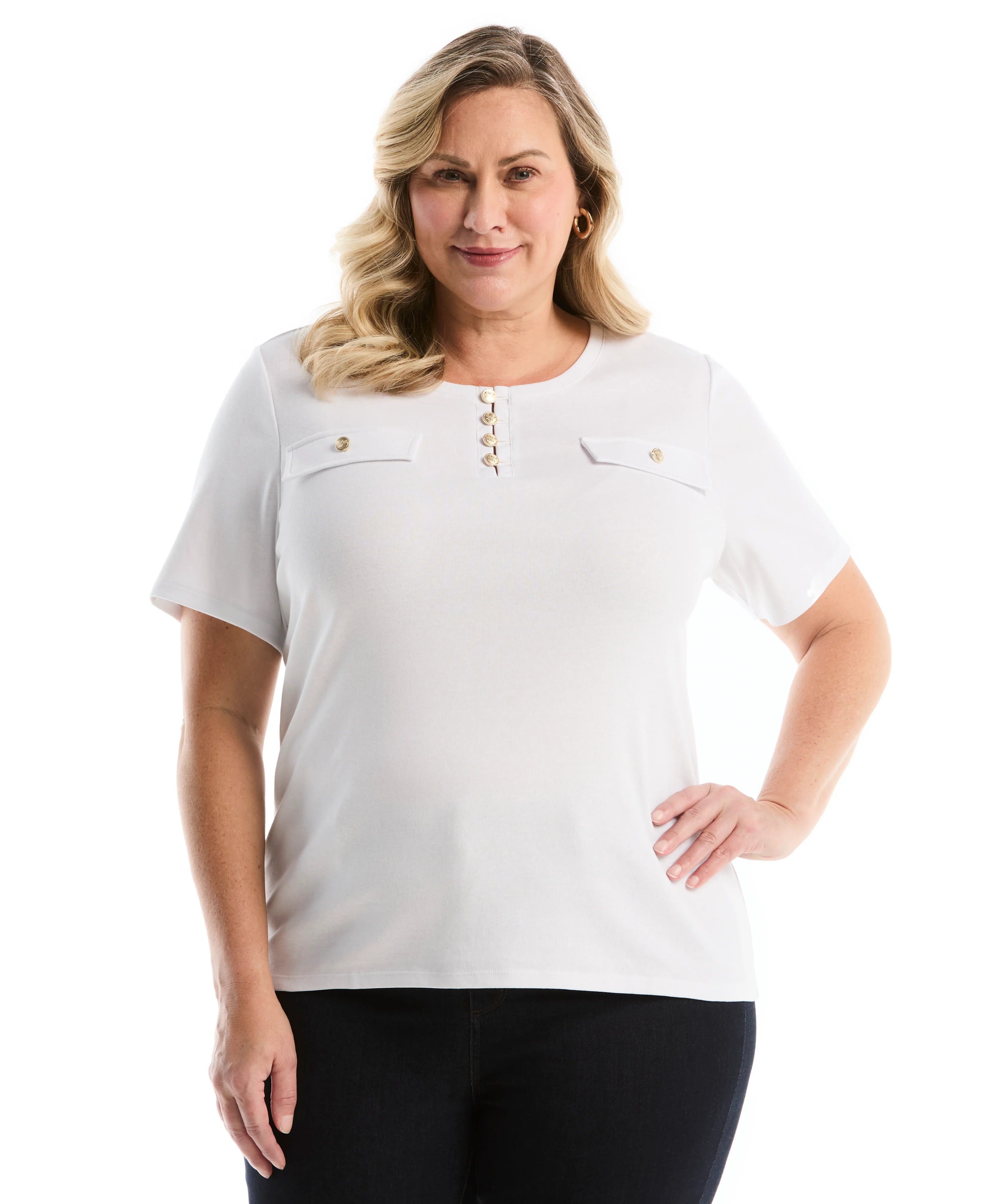Plus Size Welt Pocket Button Detail Top