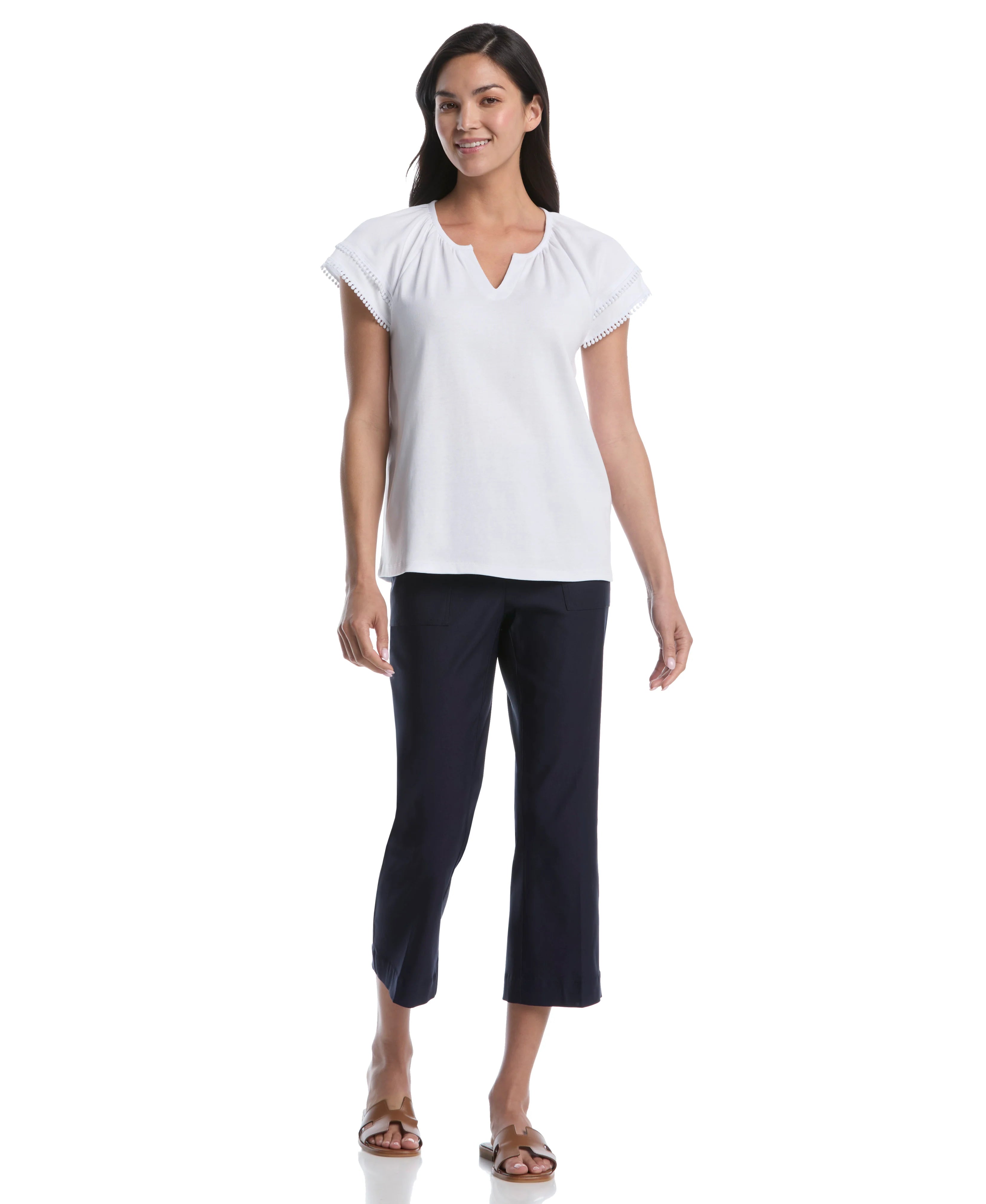 Petite Eyelet Flutter Sleeve Split Neck Top