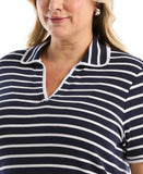 Plus Size Striped Contrast Trim Johnny Collar Polo