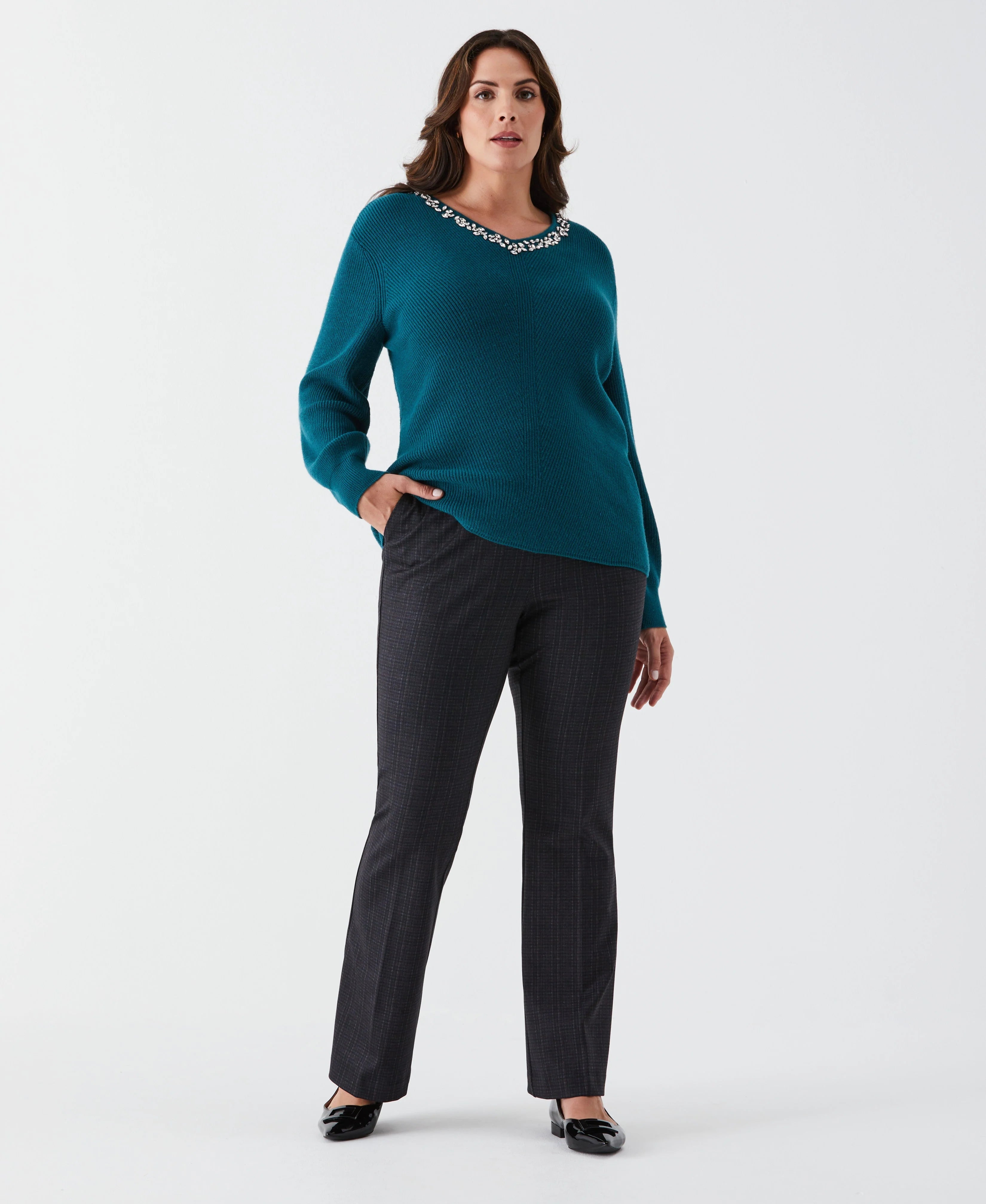 Plus Size Embellished V Neck Sweater
