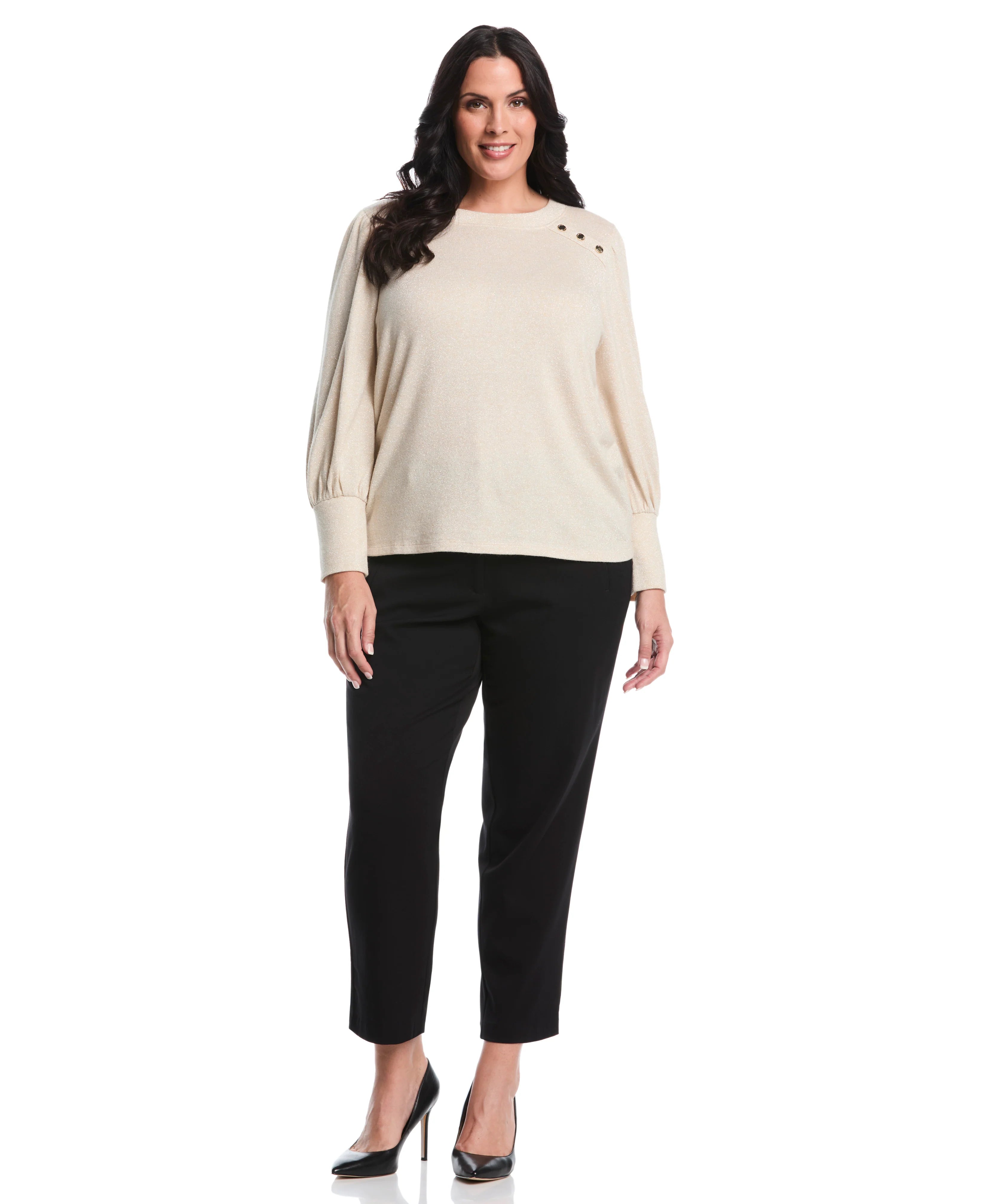 Plus Size Metallic Puff Sleeve Crew Neck Top