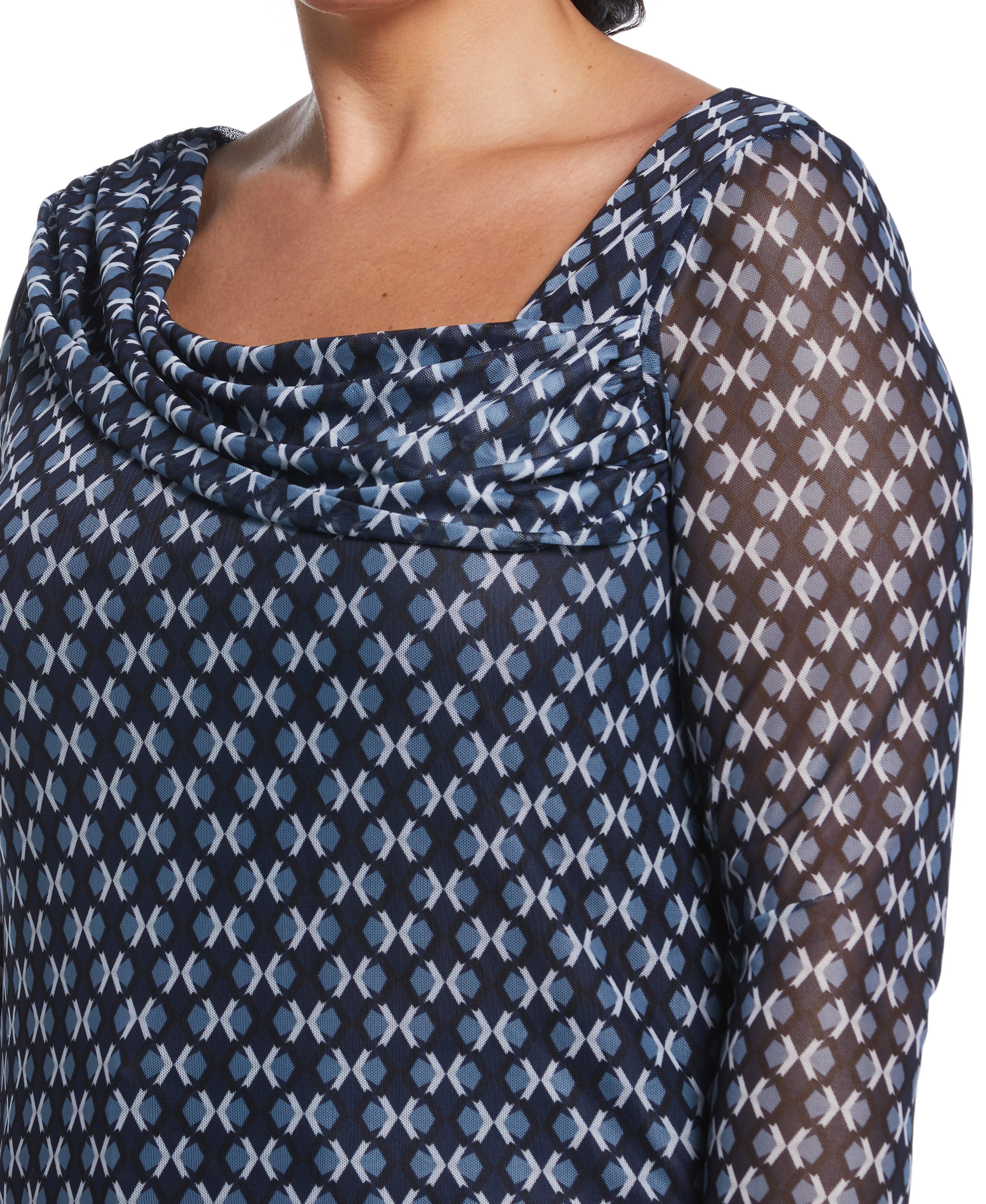 Printed Mesh Drape Neck Top