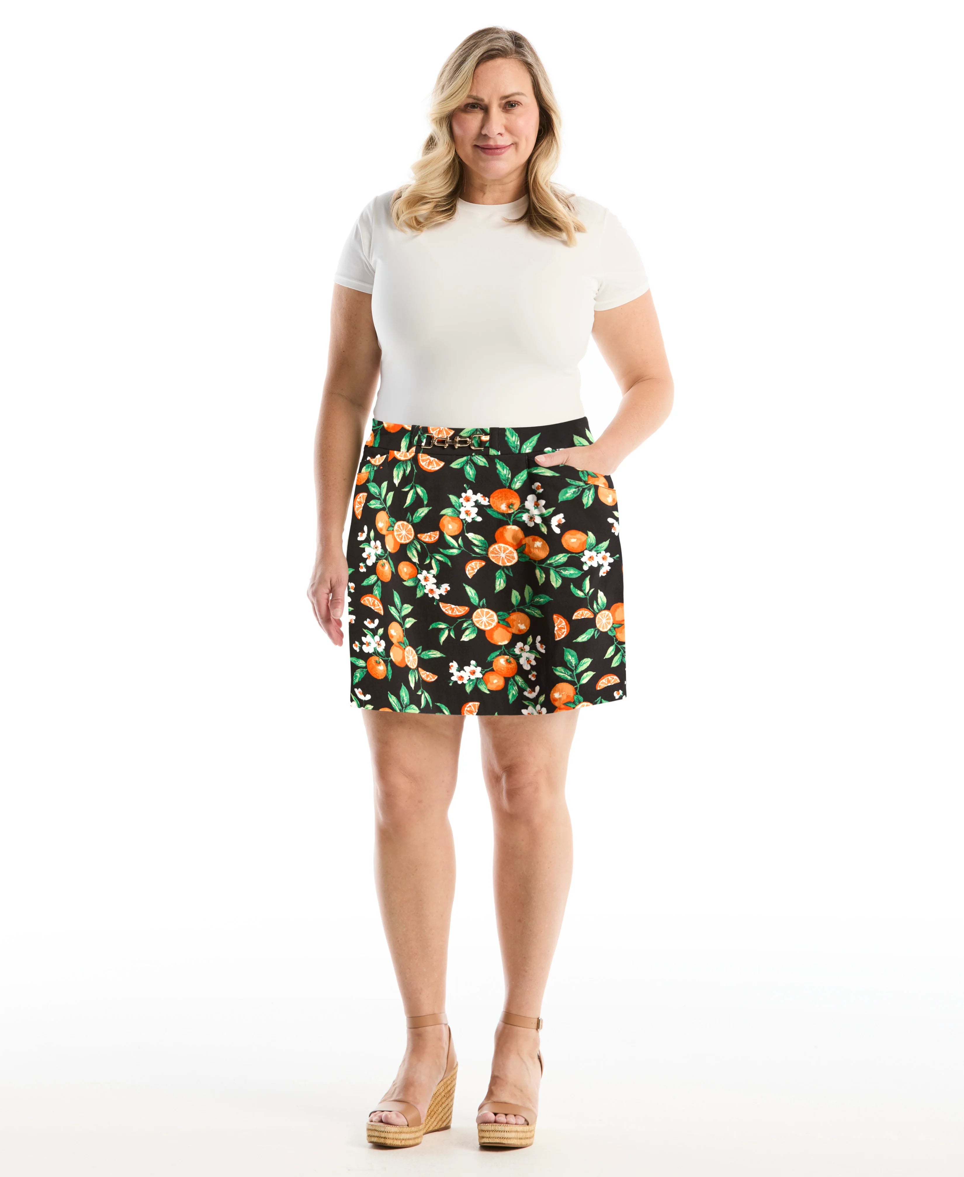 Plus Size Orange Print Horse Bit Belted Skort
