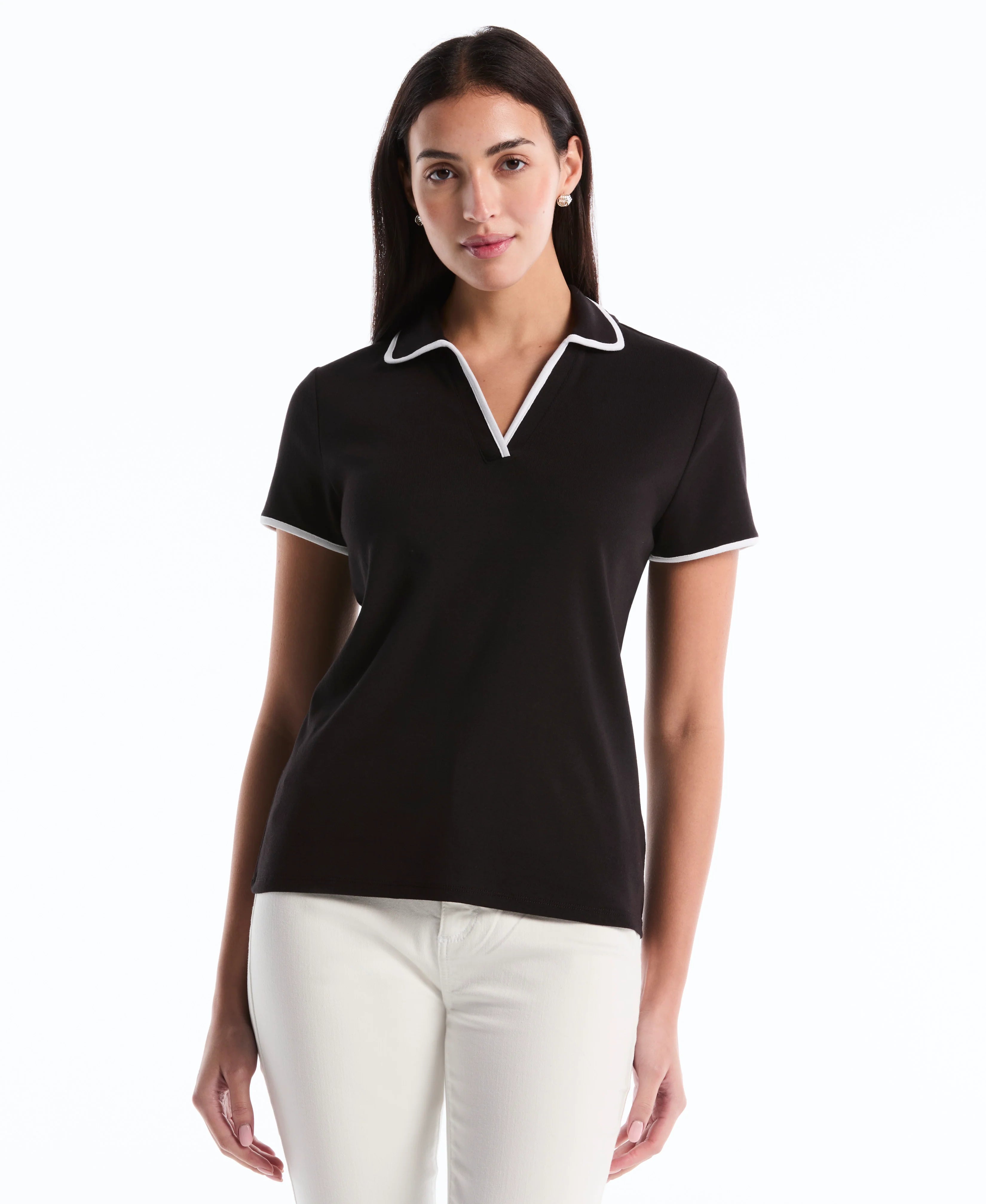 Petite Contrast Trim Johnny Collar Polo
