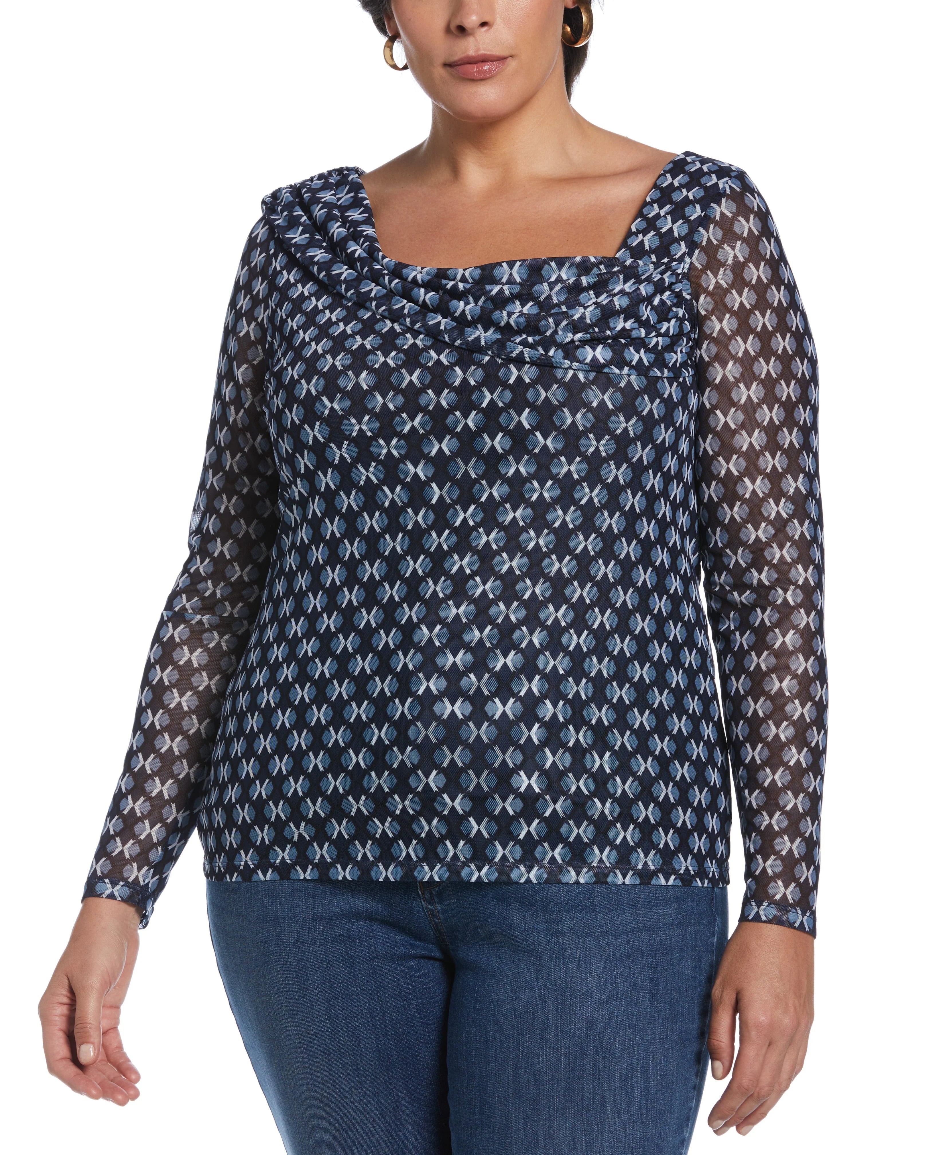 Printed Mesh Drape Neck Top