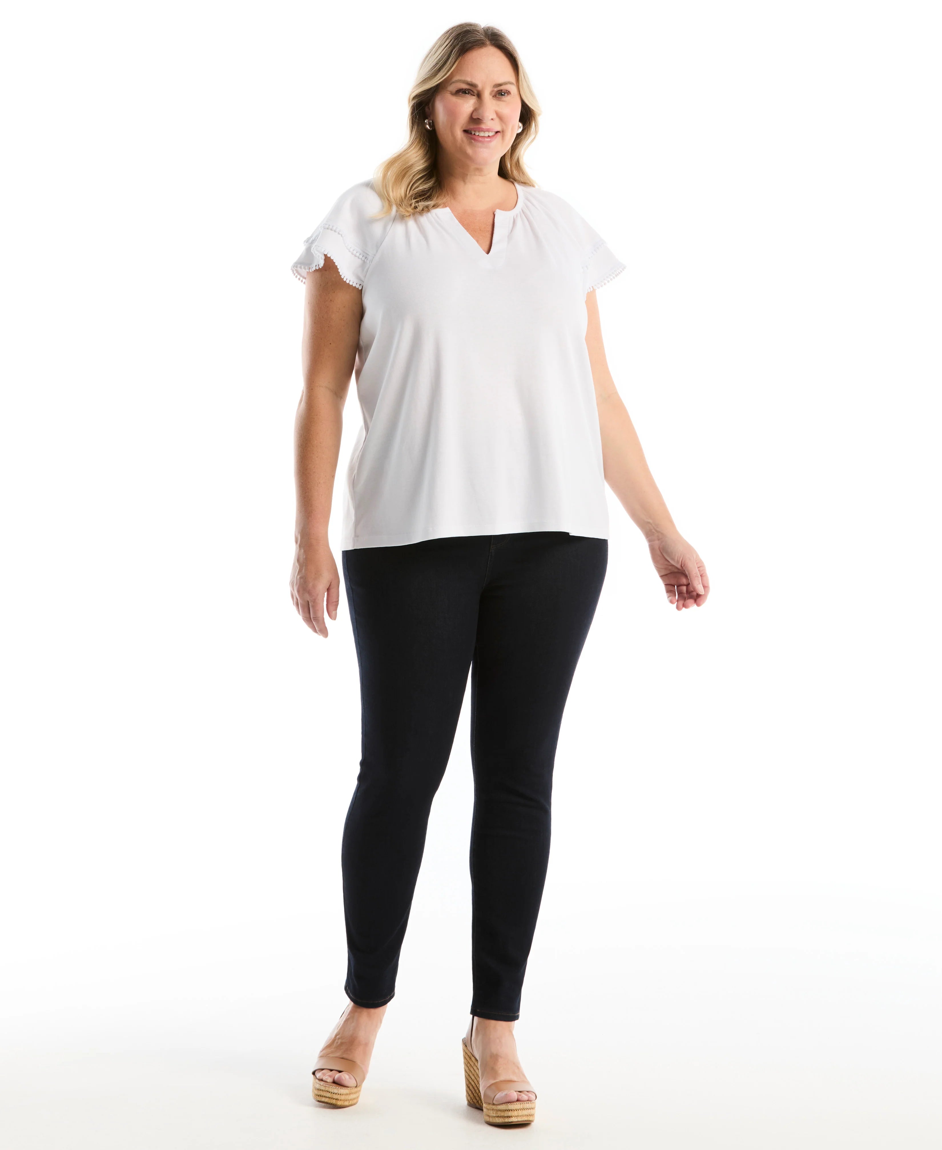 Plus Size Eyelet Flutter Sleeve Split Neck Top