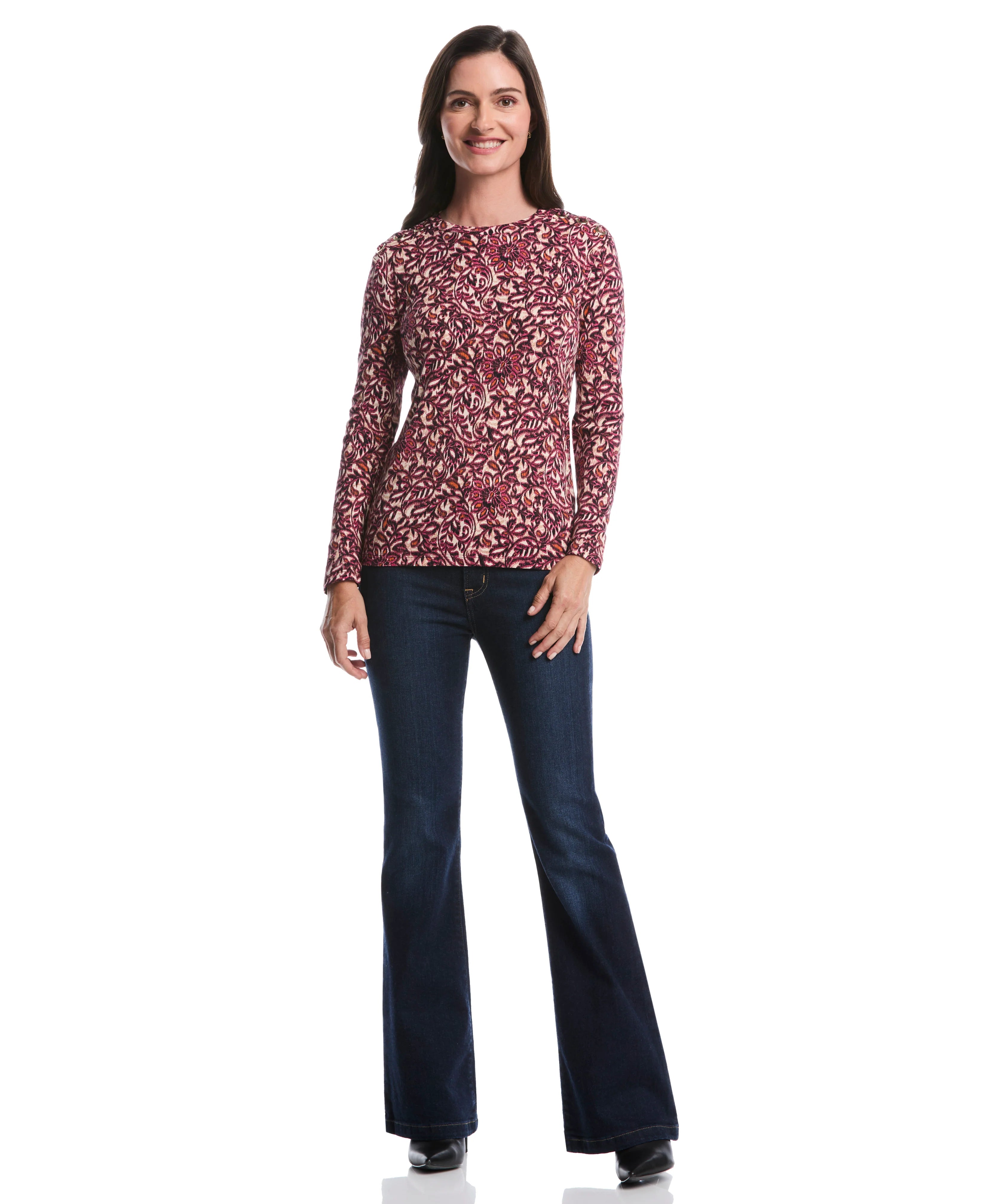 Elegant Print Laced Crew Neck Top