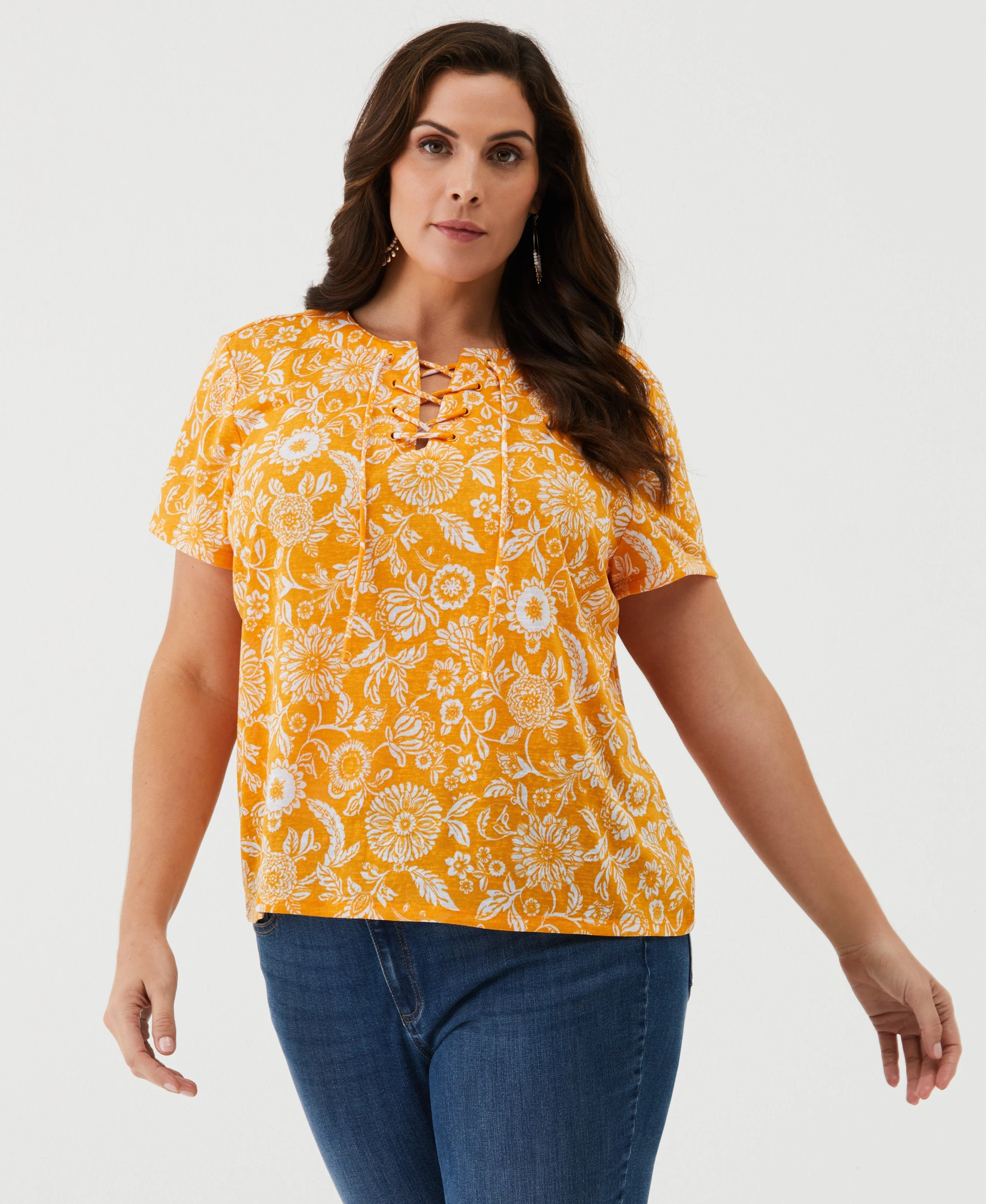 Plus Size Paisley Print Lace Up Tee