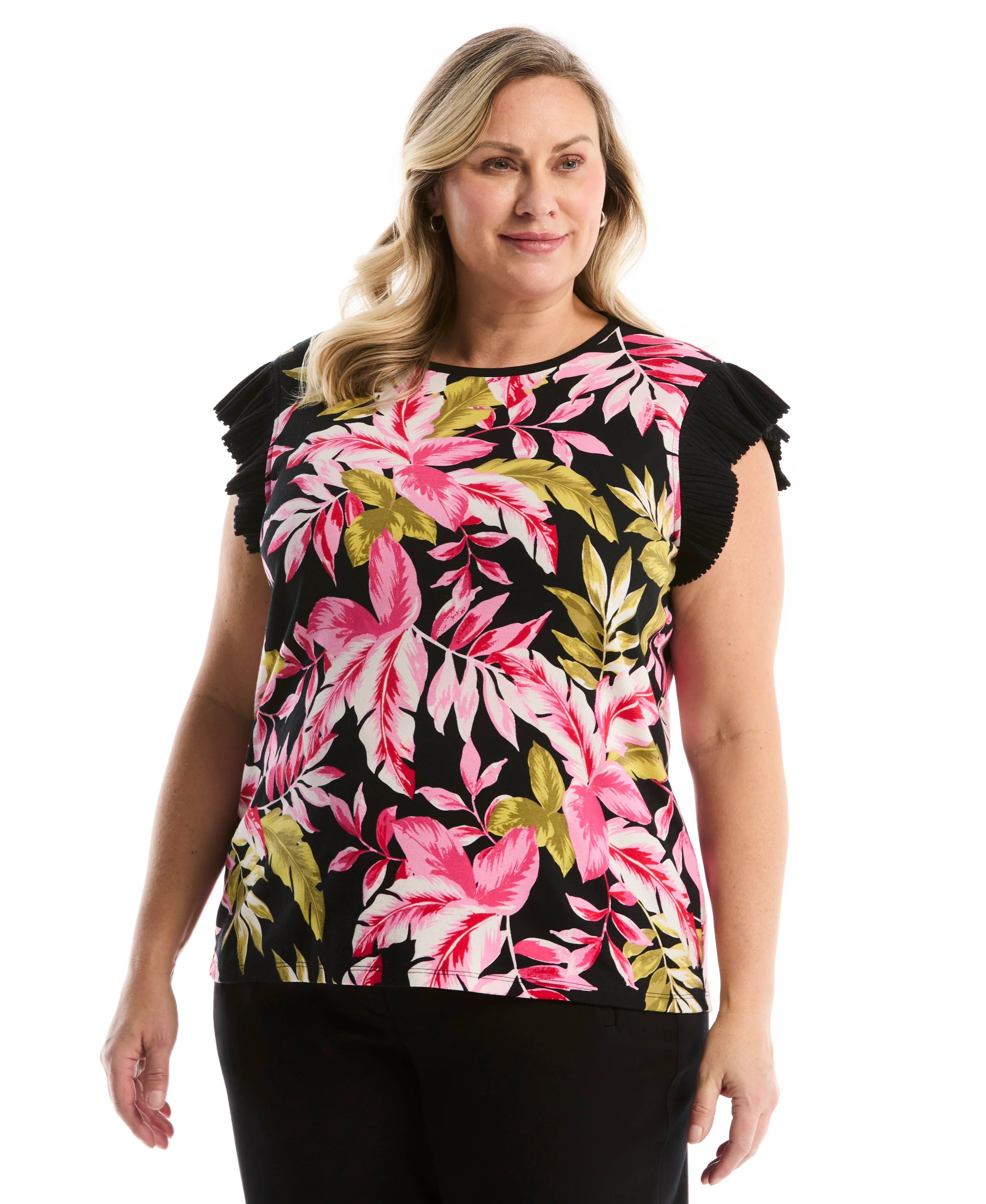 Plus Size Tropical Print Ruffle Top