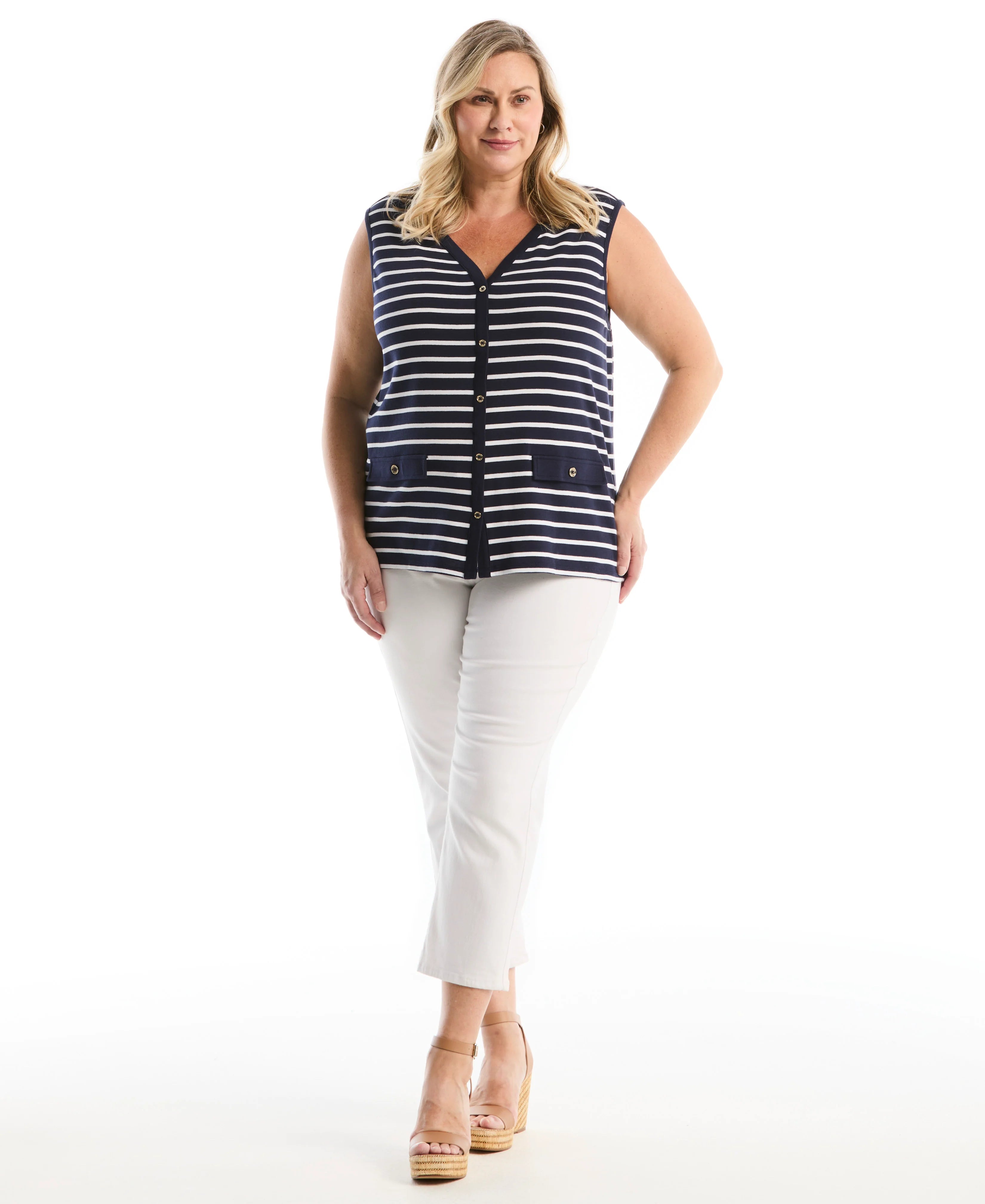 Plus Size Striped Button Front Tank Top