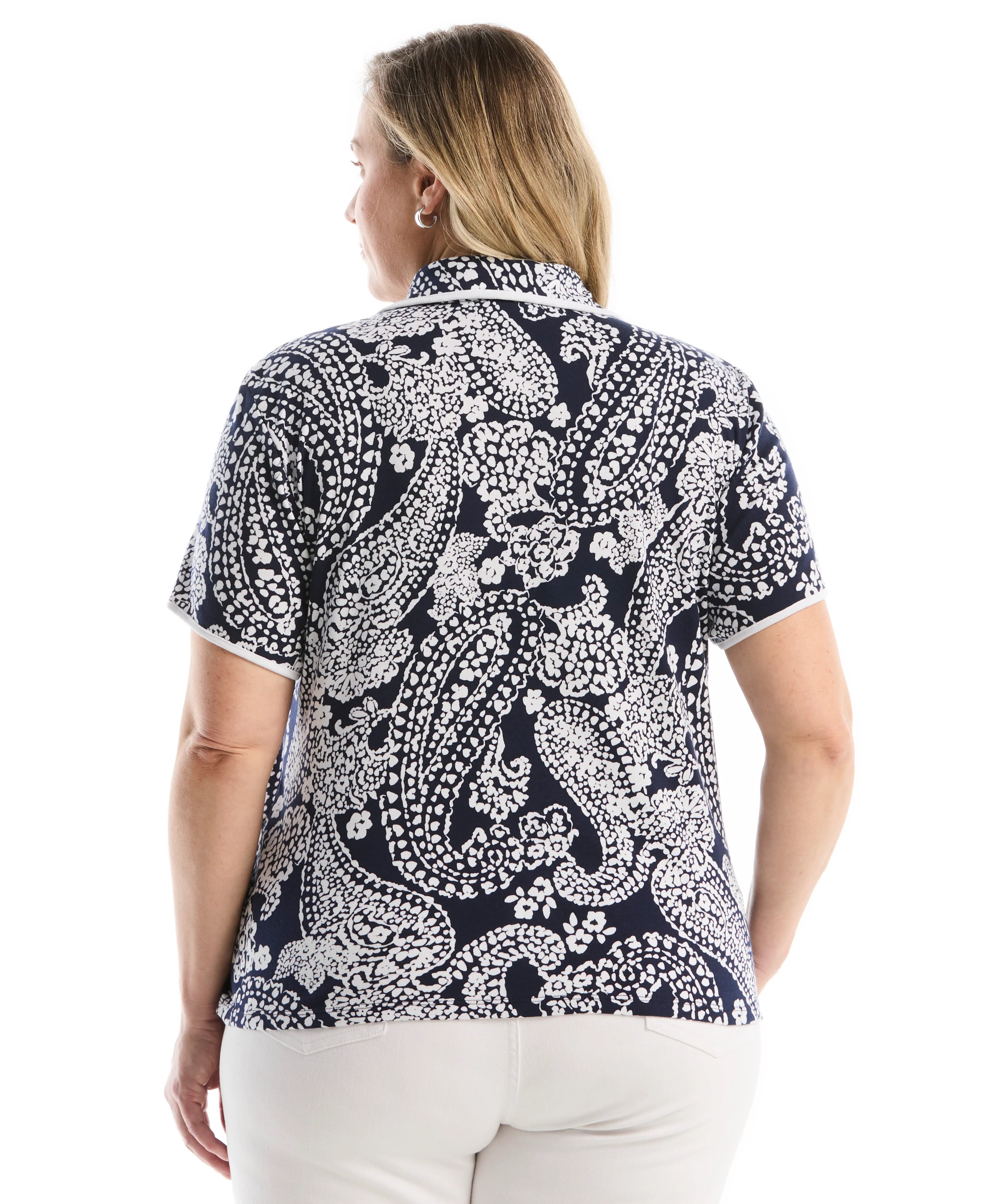 Plus Size Paisley Print Contrast Trim Johnny Collar Polo