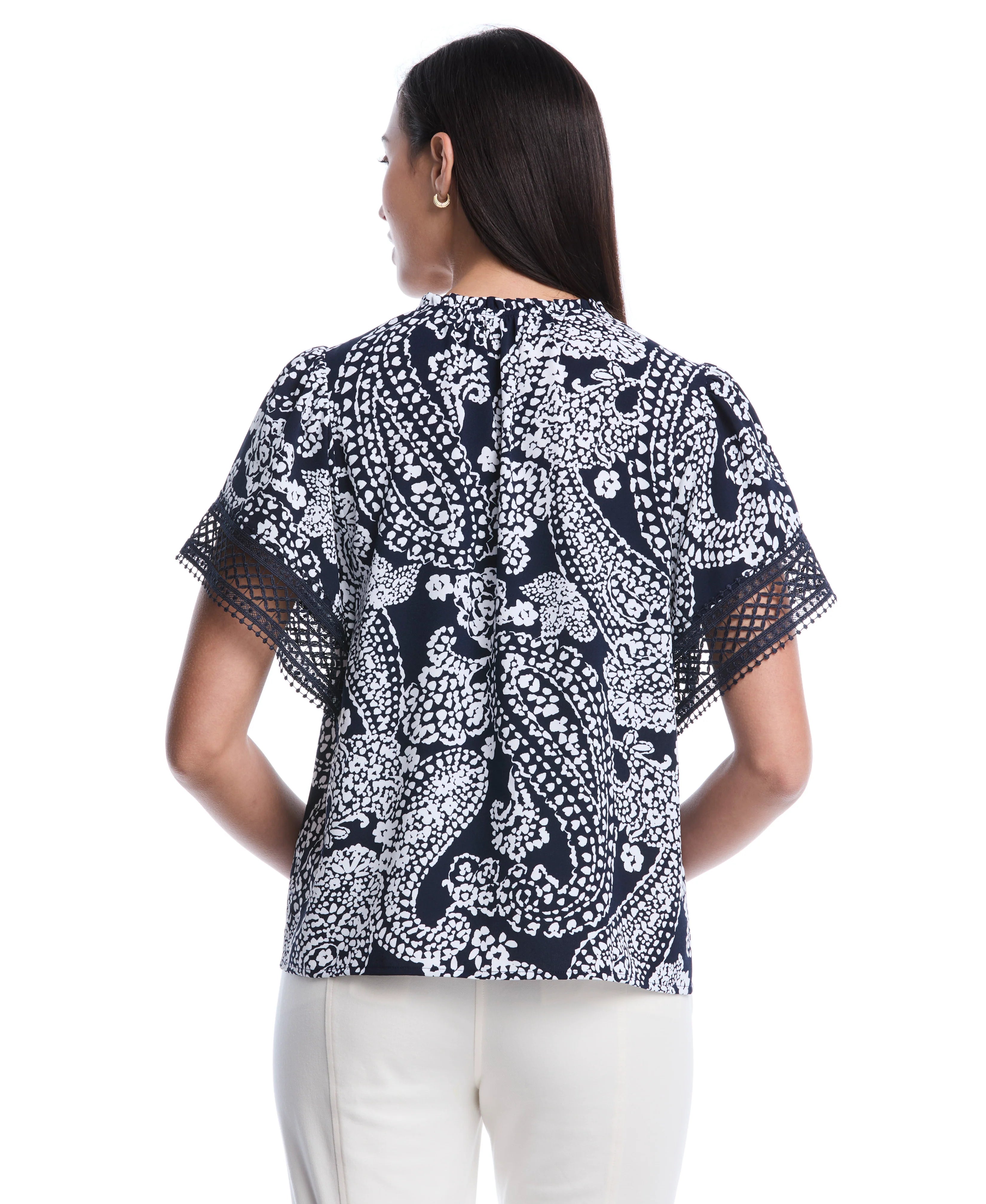Petite Paisley Print Flutter Lace Sleeve Blouse