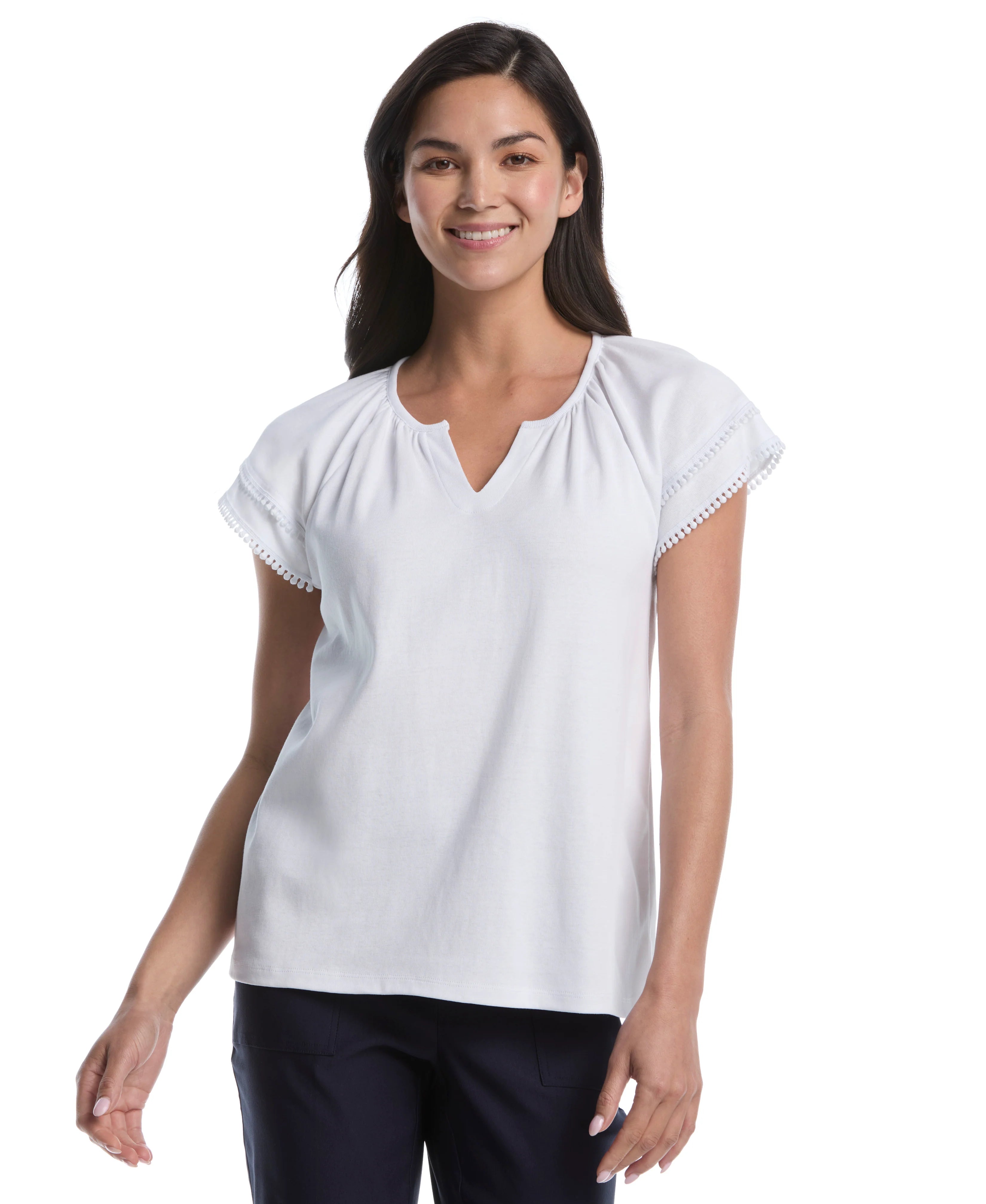 Petite Eyelet Flutter Sleeve Split Neck Top