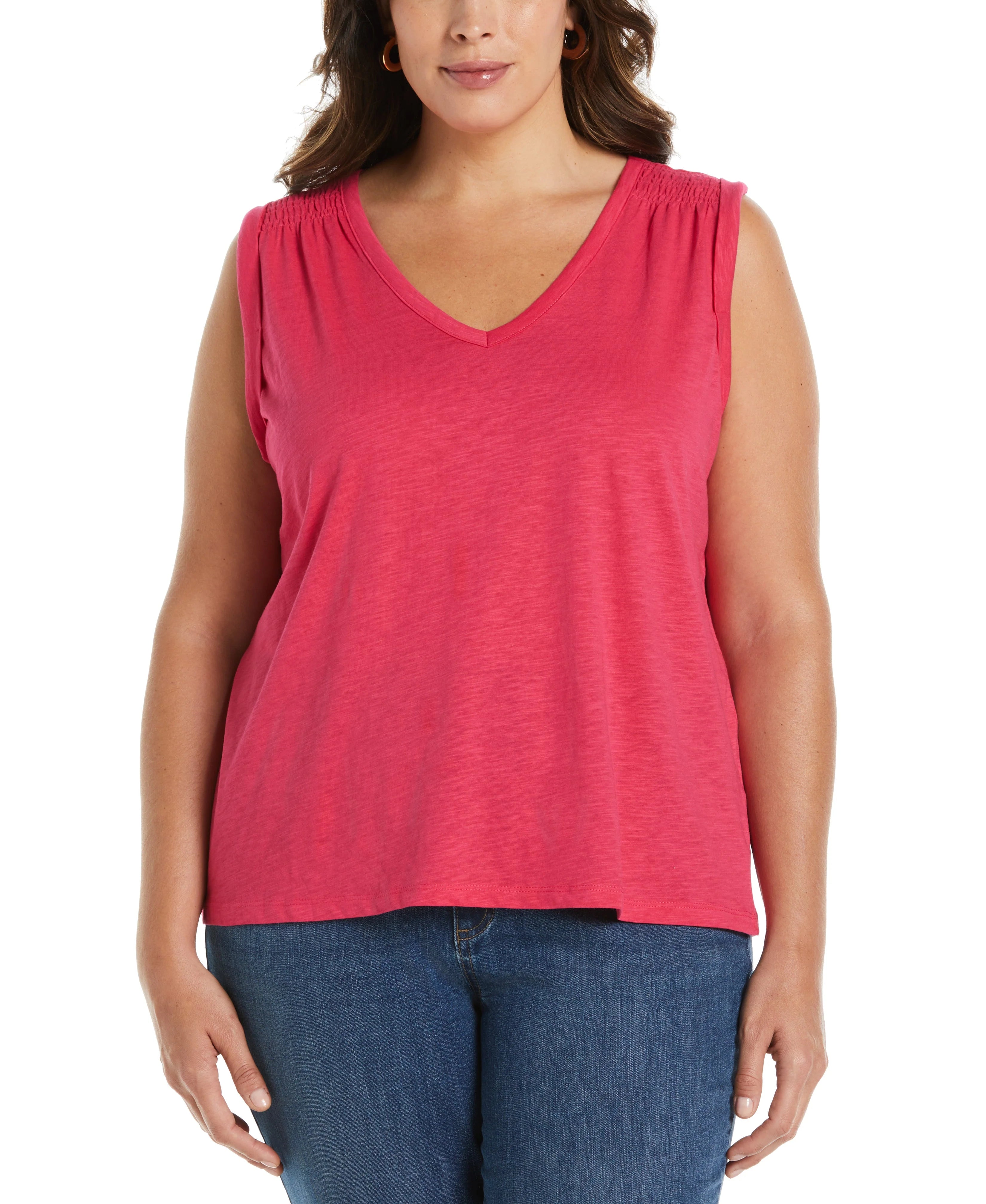 Plus Size Solid Smocked V neck Top