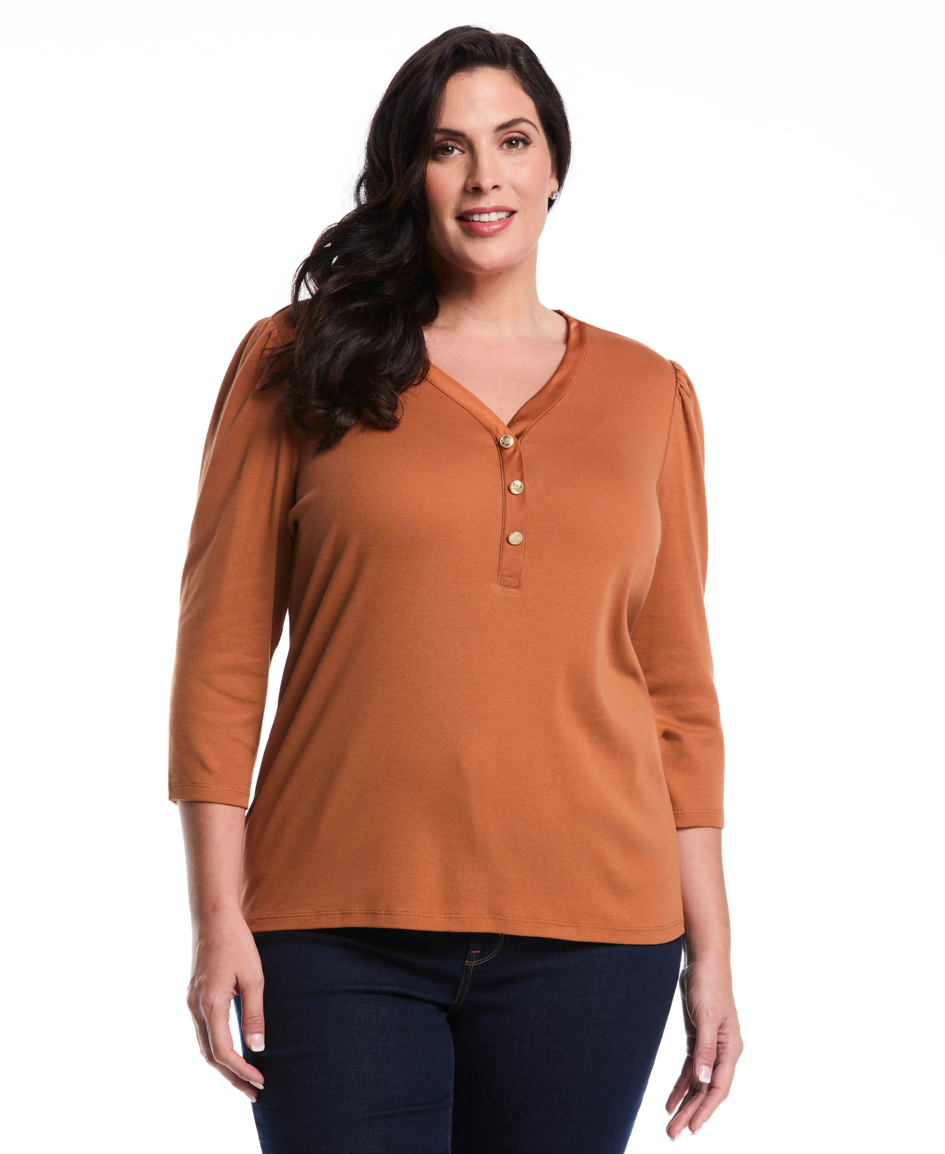 Plus Size 3 4 Puff Sleeve V Neck Top