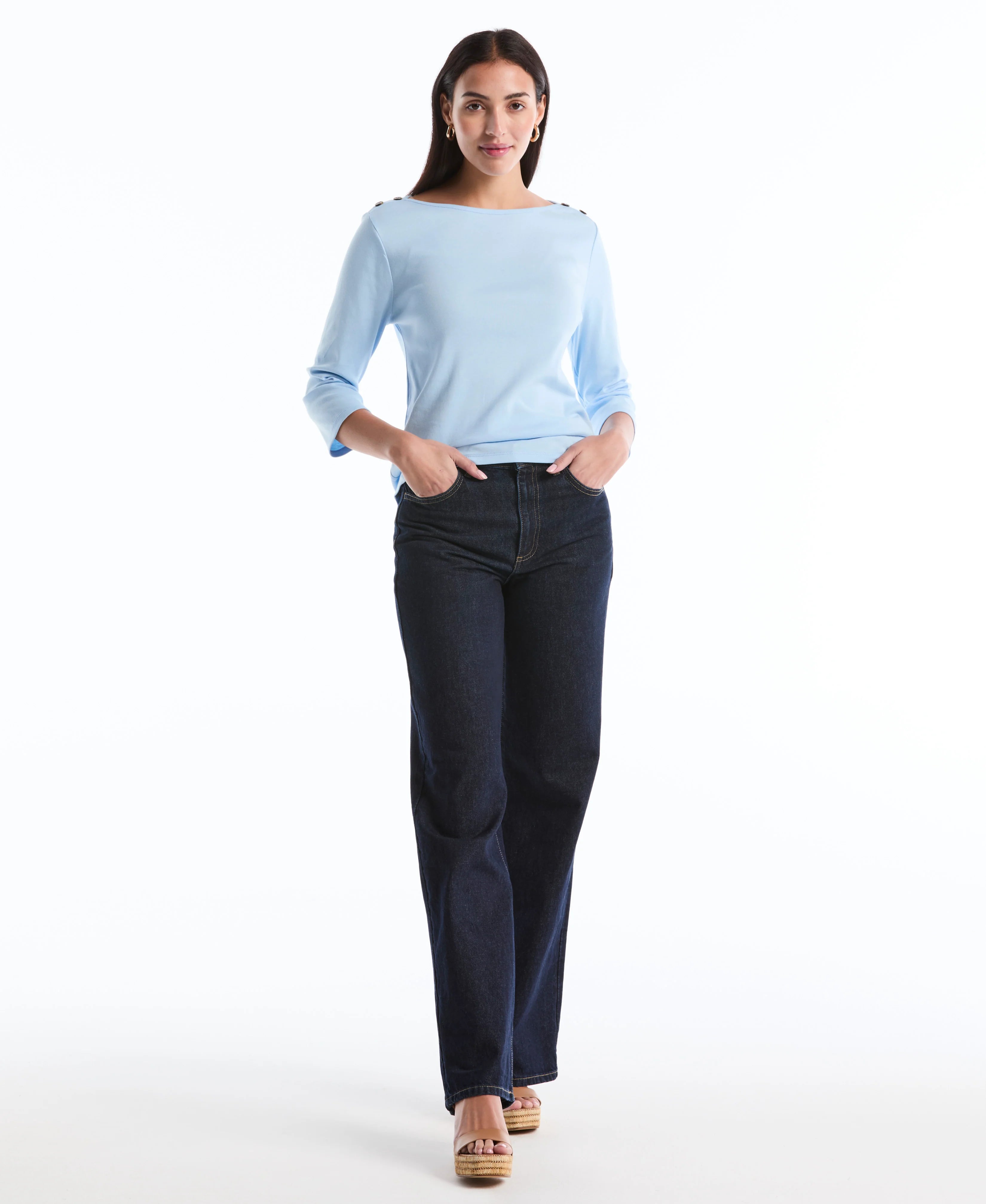 Petite Button Detail 3 4 Sleeve Top