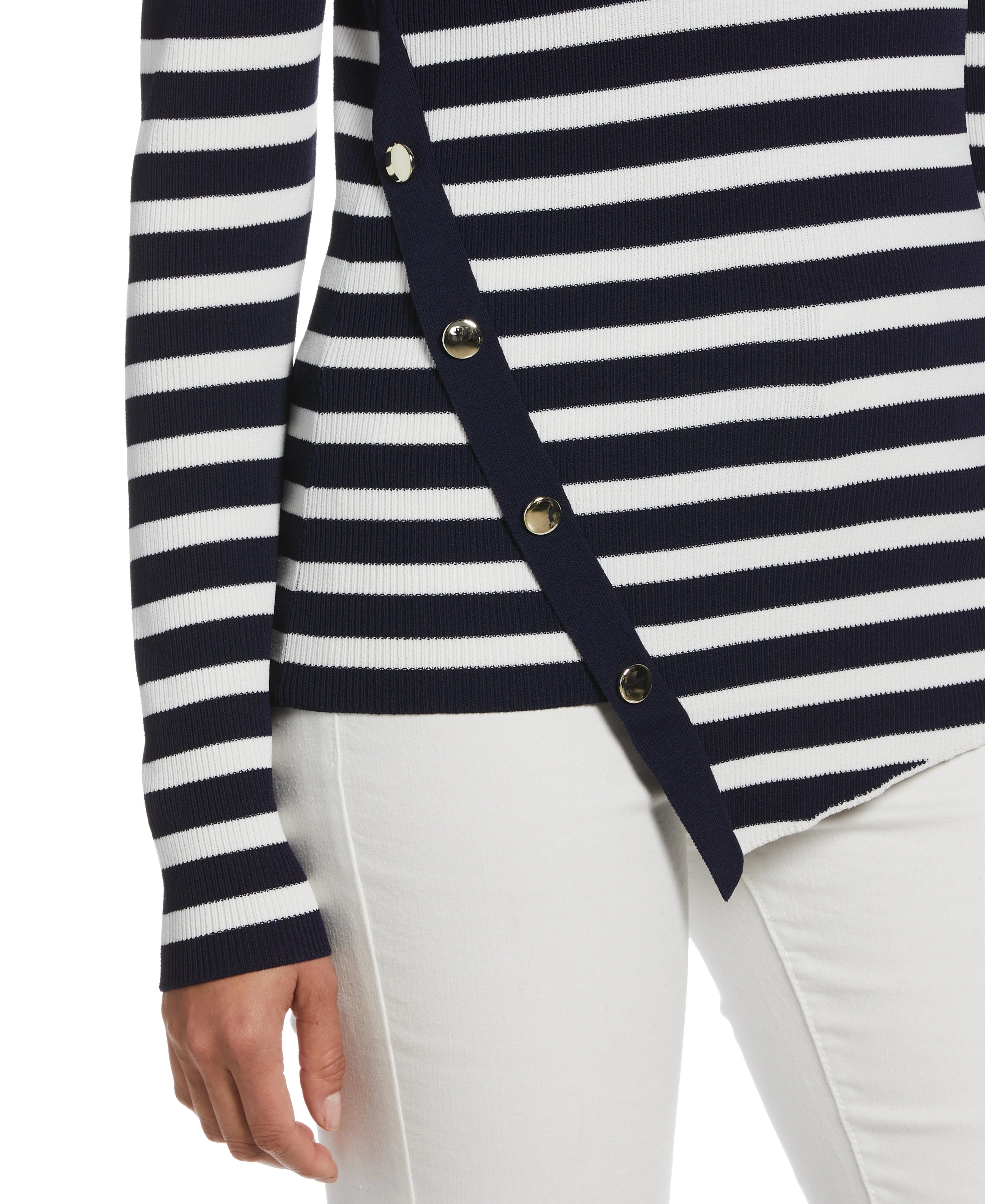 Plus Size Snap Trim Stripe Asymmetrical Sweater