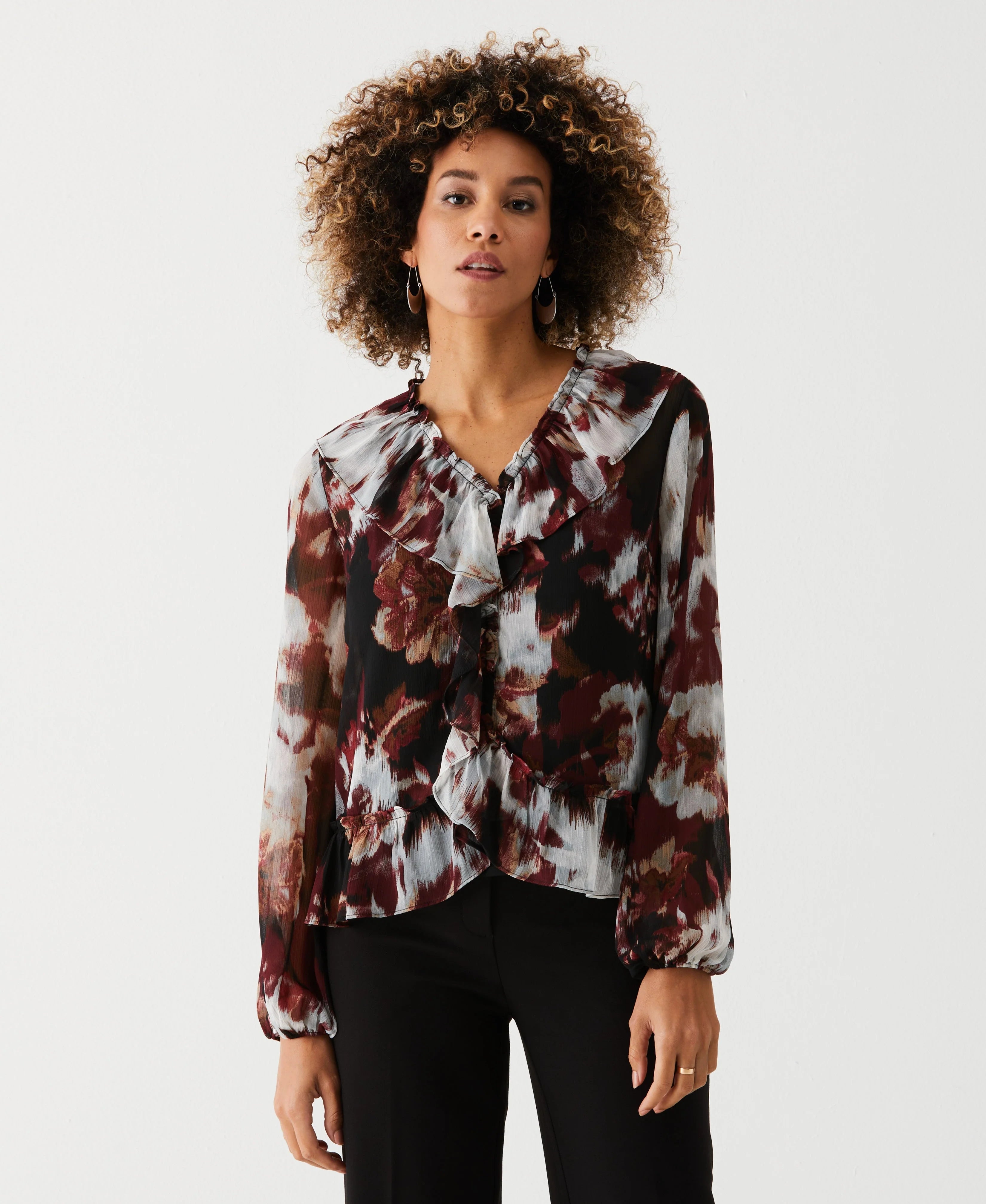 Petite Printed V Neck Ruffle Blouse