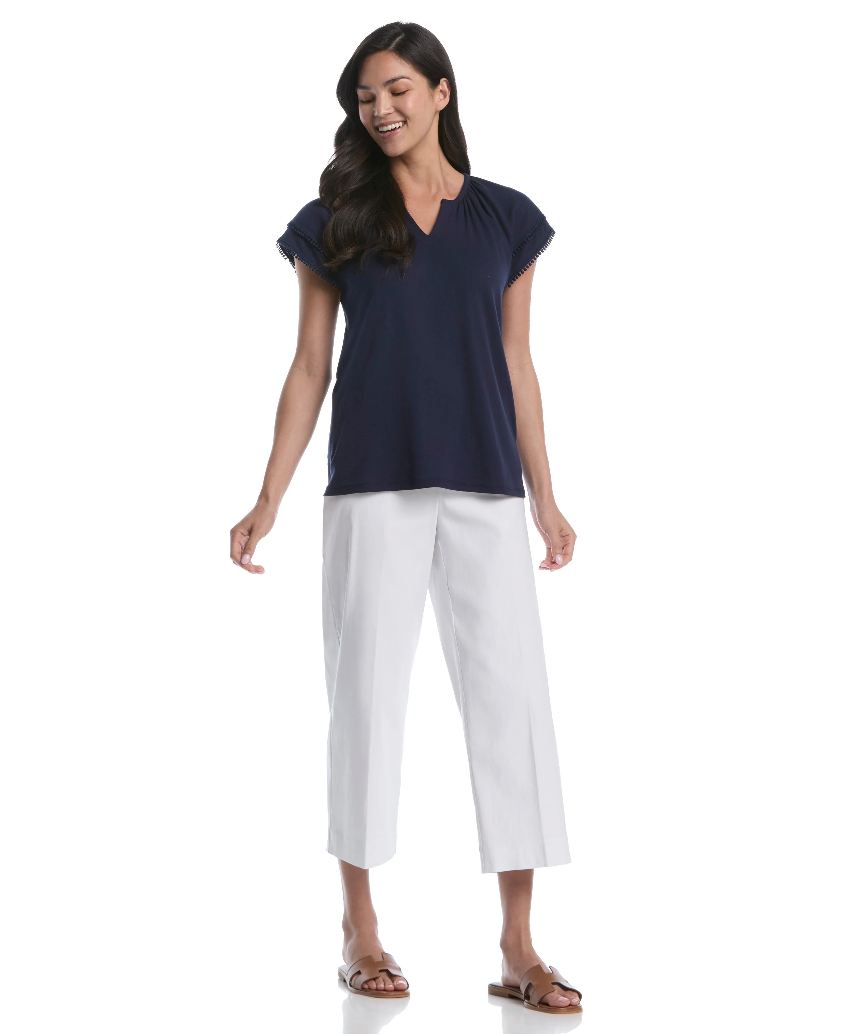 Petite Eyelet Flutter Sleeve Split Neck Top