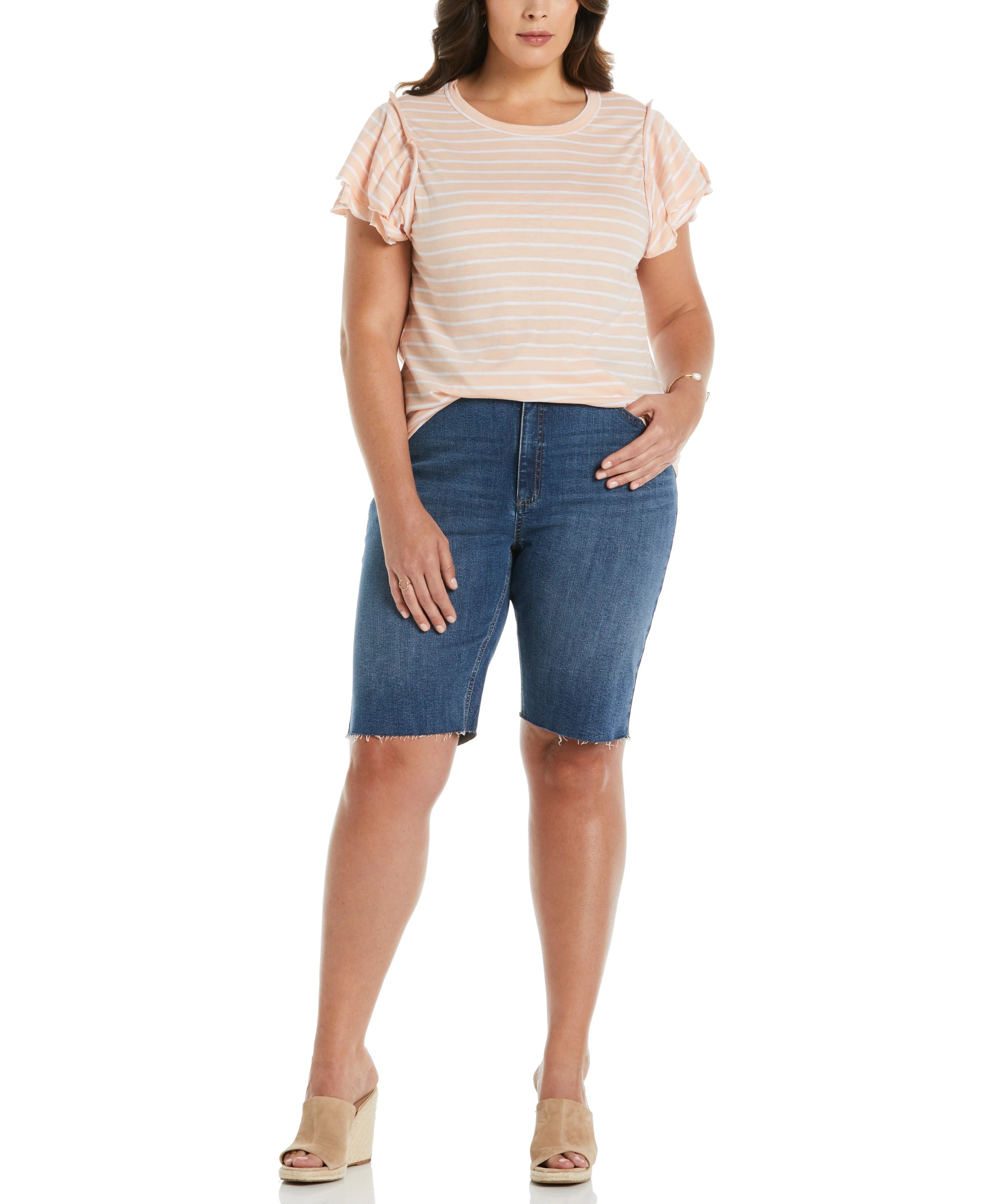 Plus Size Stripe Ruffle Sleeve Tee