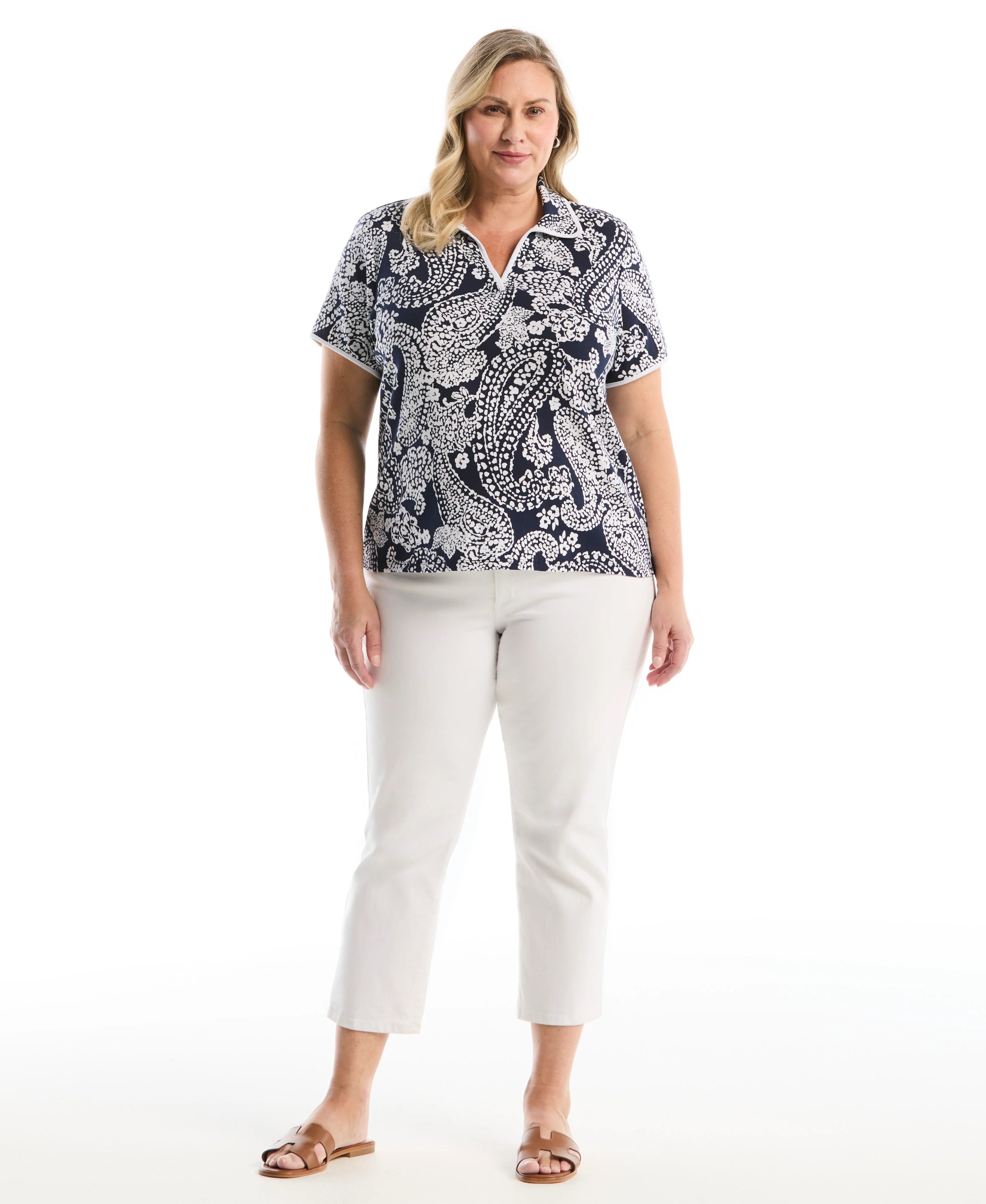 Plus Size Paisley Print Contrast Trim Johnny Collar Polo
